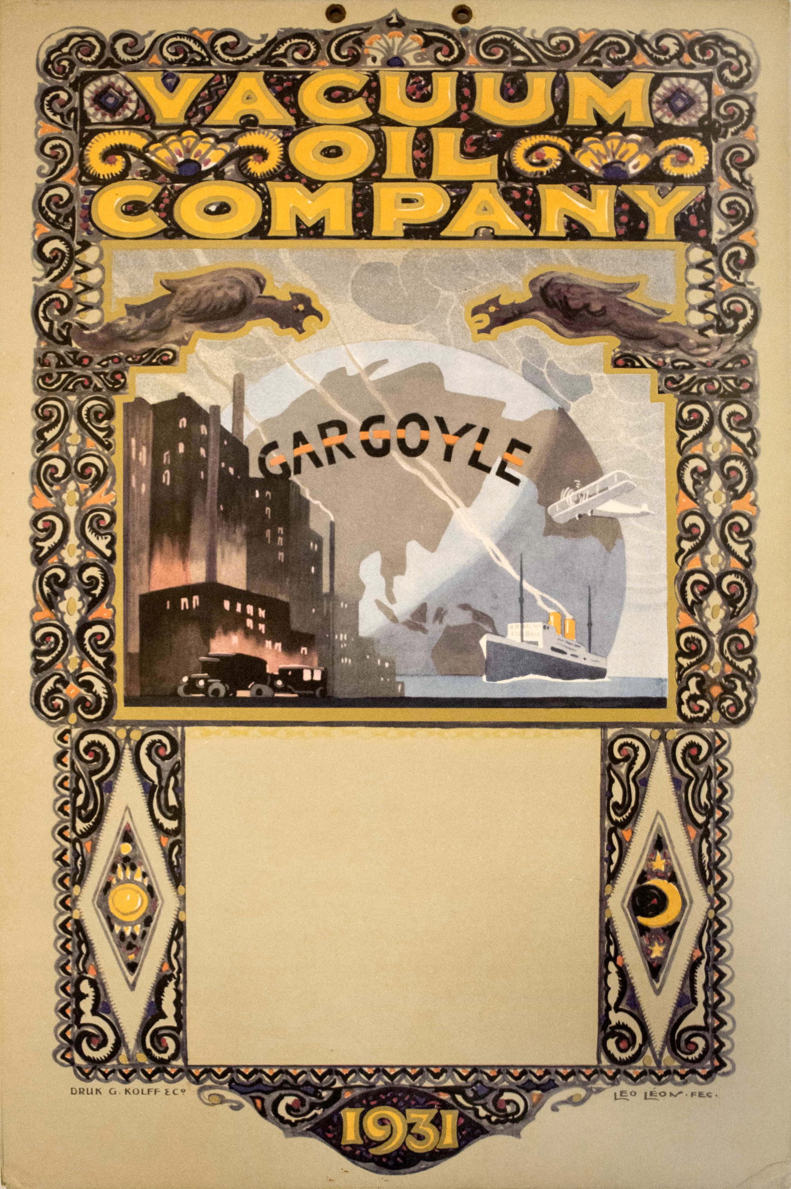Advertising Poster Vacuum Oil Company Gargoyle Art Deco: Original vintage advertising poster for the Vacuum Oil Company featuring a stunning Art Deco style design of a truck and classic car driving in front of industrial buildings with a steam ship at sea b