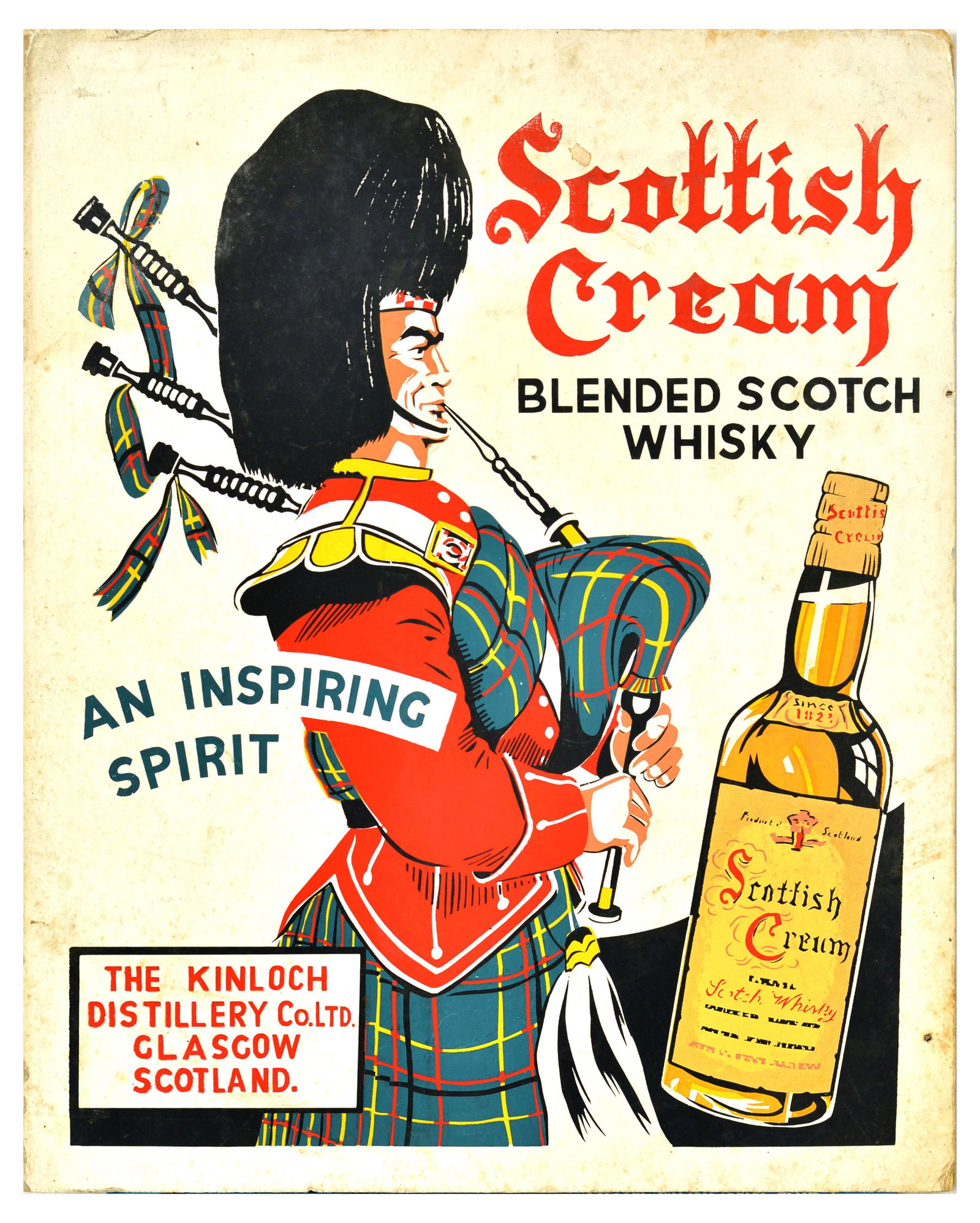 Advertising Poster Scottish Cream Blended Scotch Whisky Kinloch Distillery Glasgow Scotland: Original vintage alcohol drink advertising poster stand - Scottish Cream Blended Scotch Whisky An Inspiring Spirit The Kinloch Distillery Co Ltd Glasgow Scotland - featuring a great image of a piper i