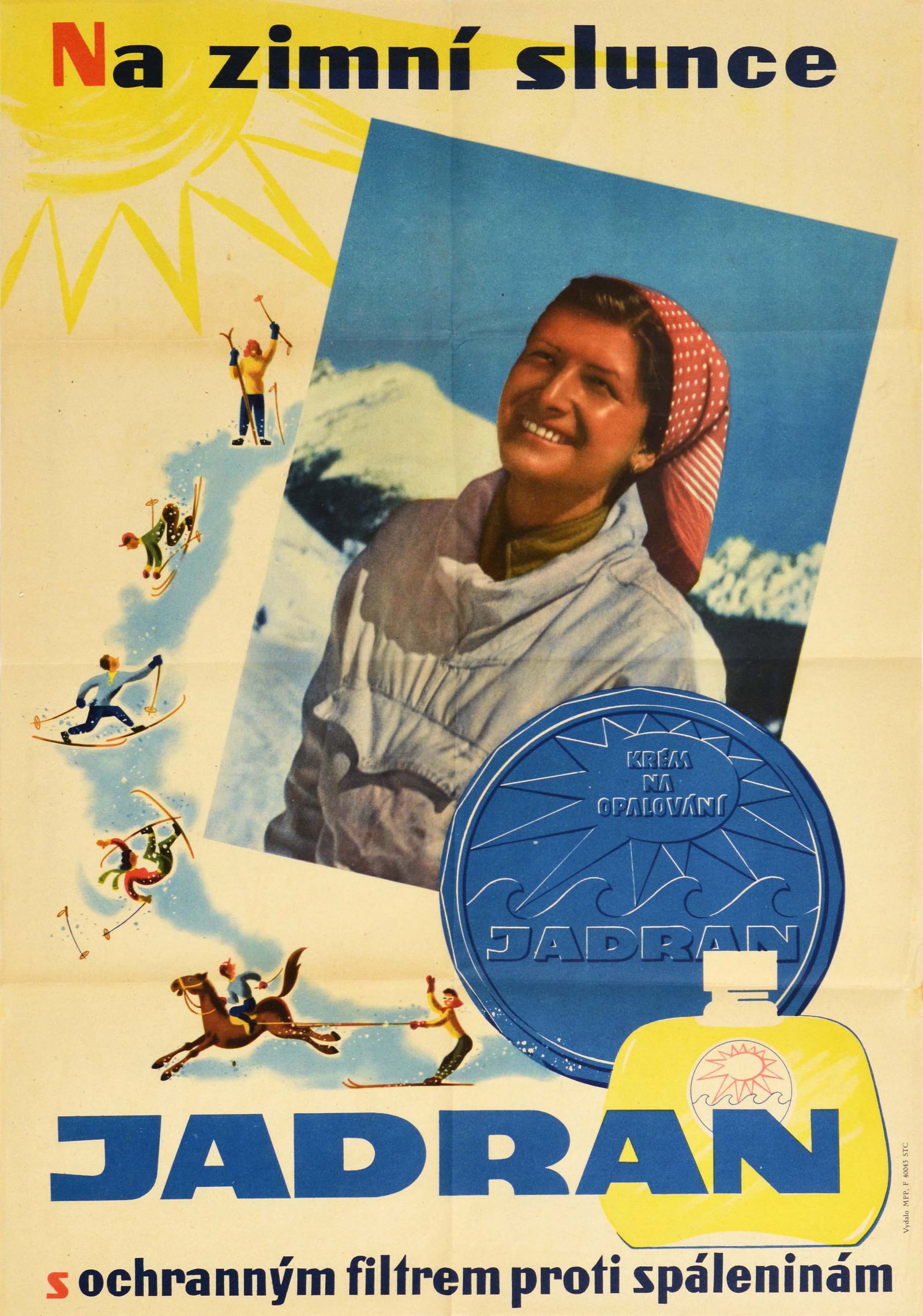Advertising Poster Winter Sunshine Jadran Sunscreen Skiing: Original vintage advertising poster for Jadran sun cream - In the winter sun Jadran with burn protection filter / Na zimni slunce Jadran s ochrannym filtrem proti spaleninam - featuring a great design
