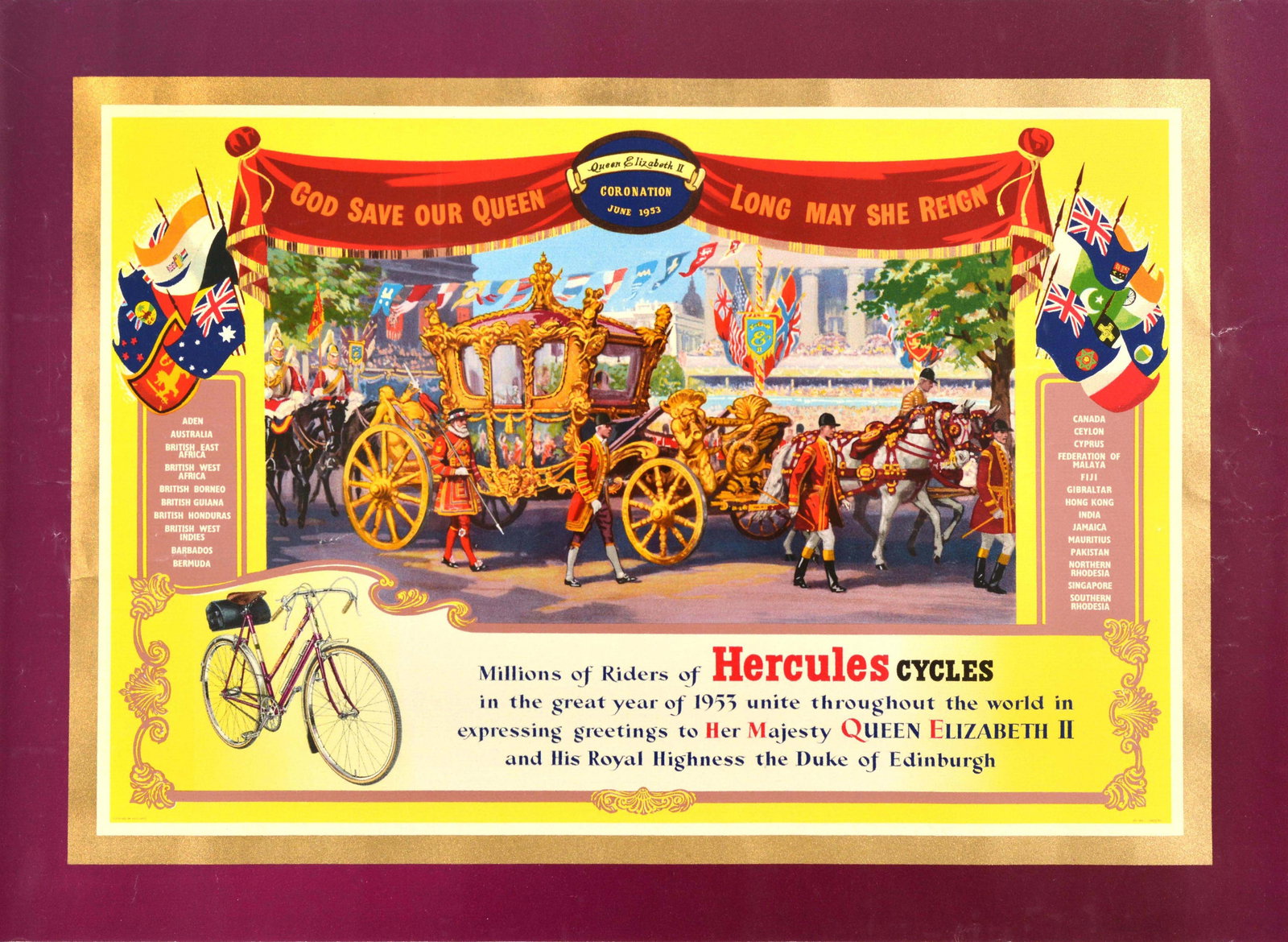 Advertising Poster Hercules Cycles Queen Elizabeth Coronation 1953: Original vintage bicycle advertising poster issued by Hercules Cycles for the Queen's coronation featuring a colourful illustration of the Royal procession with the horse drawn Gold State Coach being