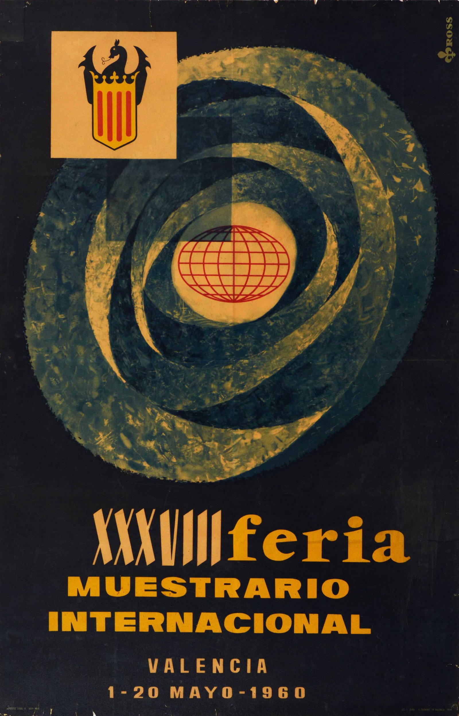 Advertising Poster Valencia Sample Trade Fair Feria Muestrario Spain: Original vintage travel poster for the 38th Annual Trade Fair and Exhibition held in Valencia on 1-20 May 1960 featuring a stylised illustration of a globe set over a black background with the logo ab