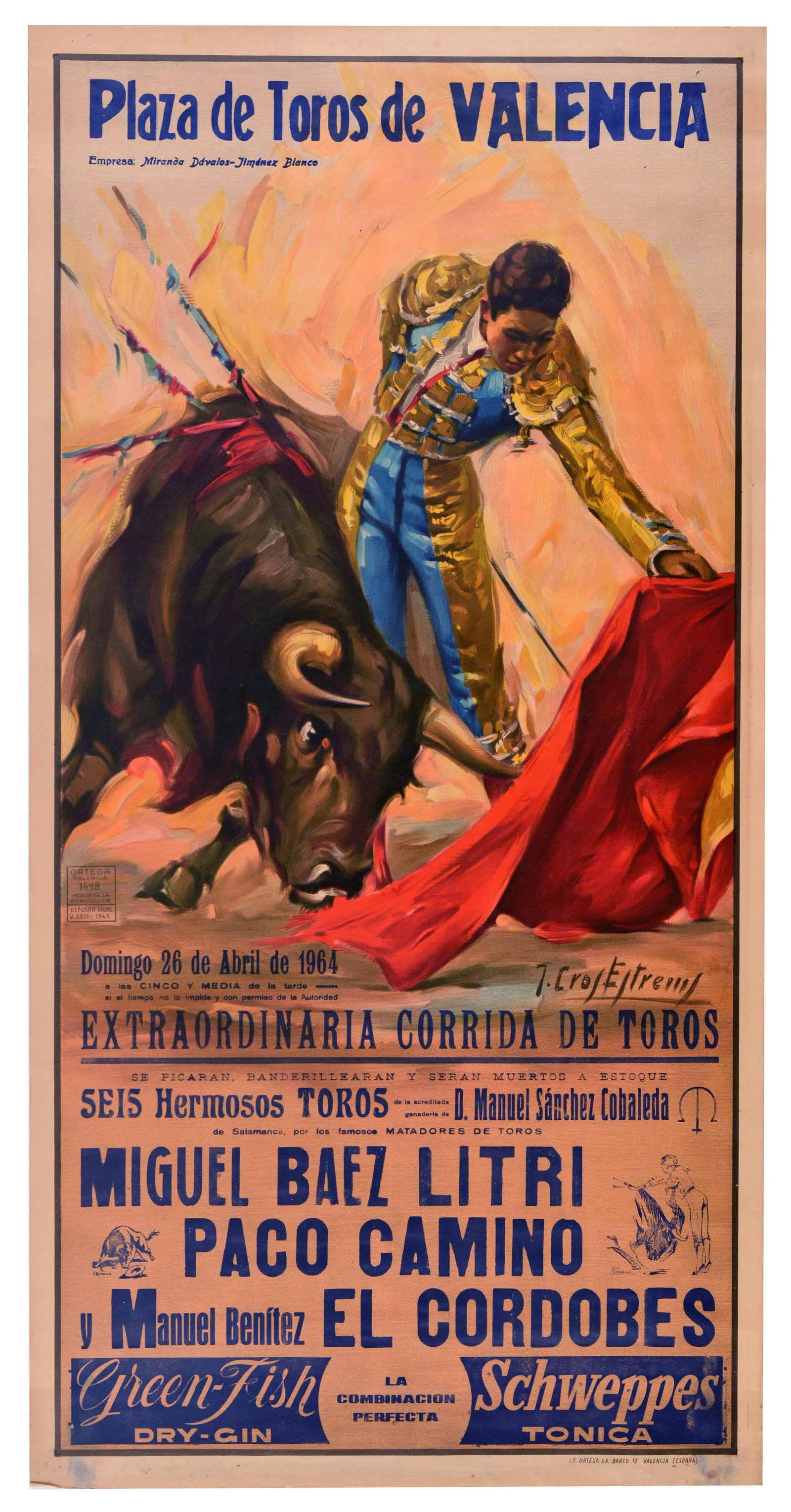 Advertising Poster Plaza de Toros de Valencia Bullfighting Litri Camino Cordobes: Original vintage advertising poster for Extraordinaria Corrida de Toros bullfighting event held at the Plaza de Toros de Valencia on 26 April 1964, features dynamic artwork by the renowned Spanish bul