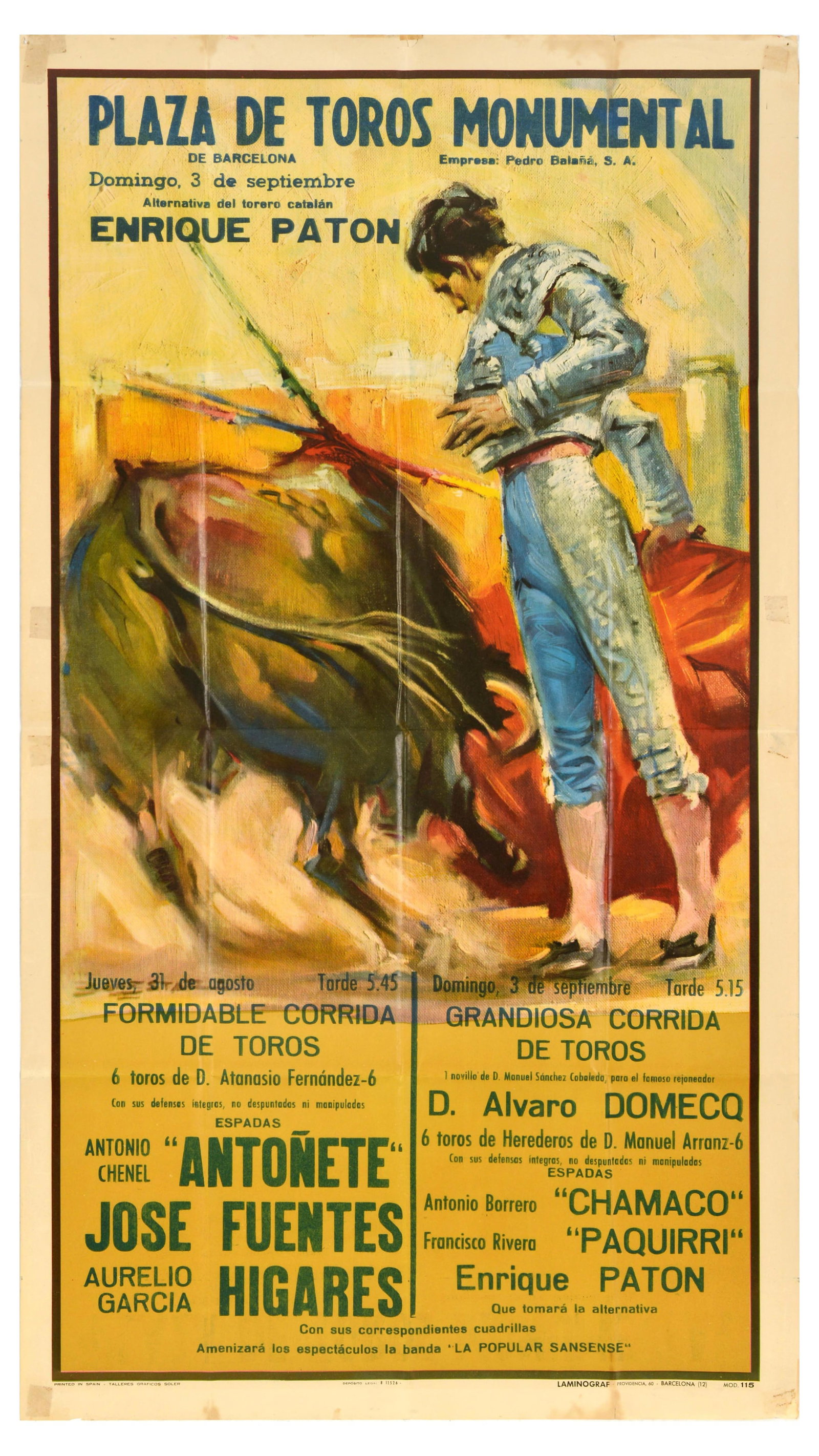 Advertising Poster Plaza De Toros Monumental Bullfighting Barcelona: Original vintage advertising poster for Plaza Toros Monumental bullfighting events that took place on 31 August and 3 September, featuring an image of a bullfighter wearing a traditional traje de luce