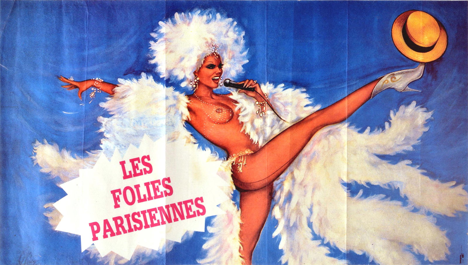 Advertising Poster Folies Parisiennes Paris Cabaret CanCan: Original vintage advertising poster for a cabaret performance - Les Folies Parisiennes / The Parisian Follies - featuring artwork by O'Kley (Pierre Gilardeau; 1930-2007) of a smiling scantily dressed