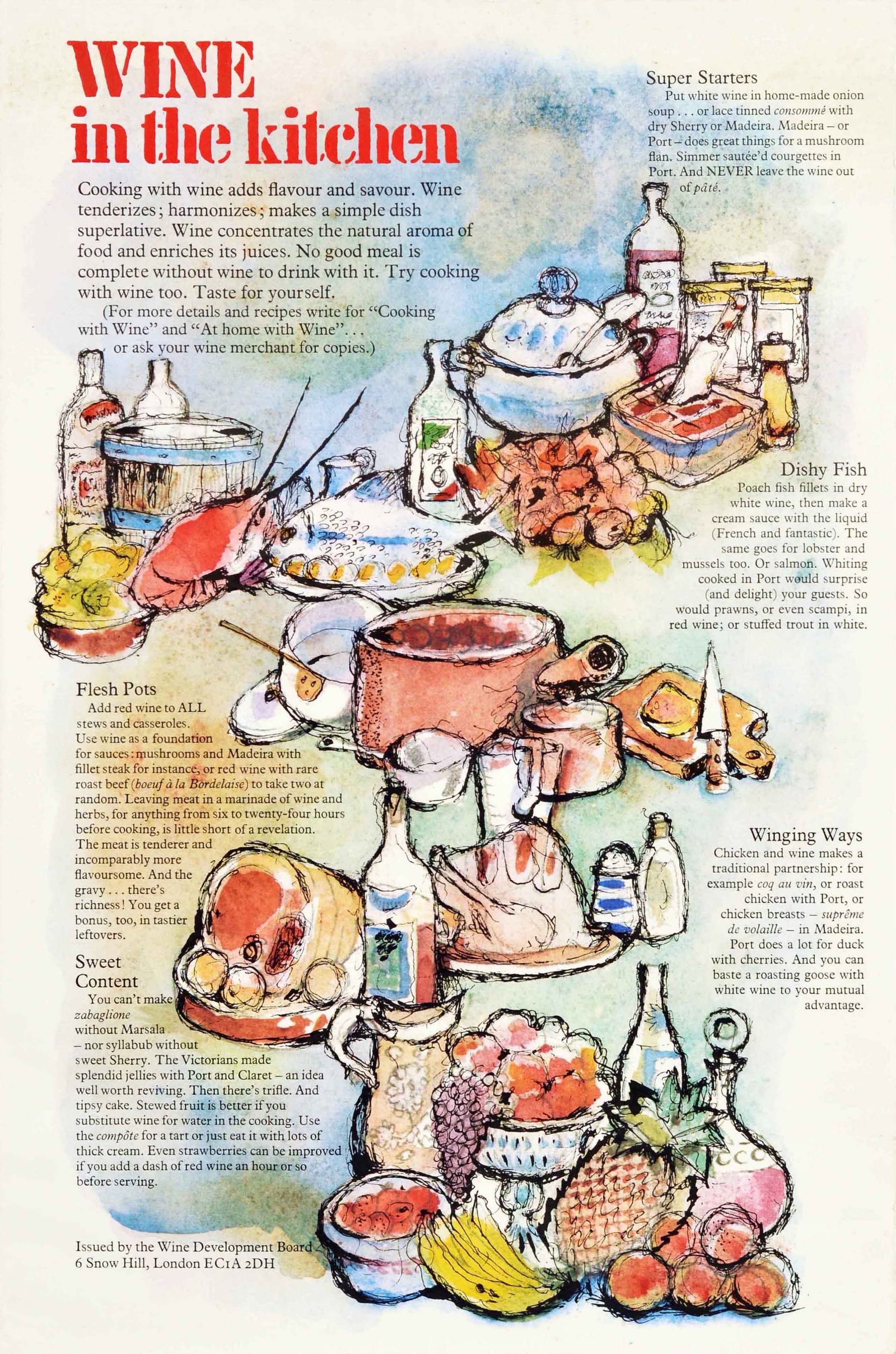 Advertising Poster Wine In The Kitchen Cooking: Original vintage cooking poster featuring colourful illustrations of pots, pans, fish, meat, vegetables, fruit, salt and pepper, a cutting board and knife, food packets, oil, wine and serving dishes i