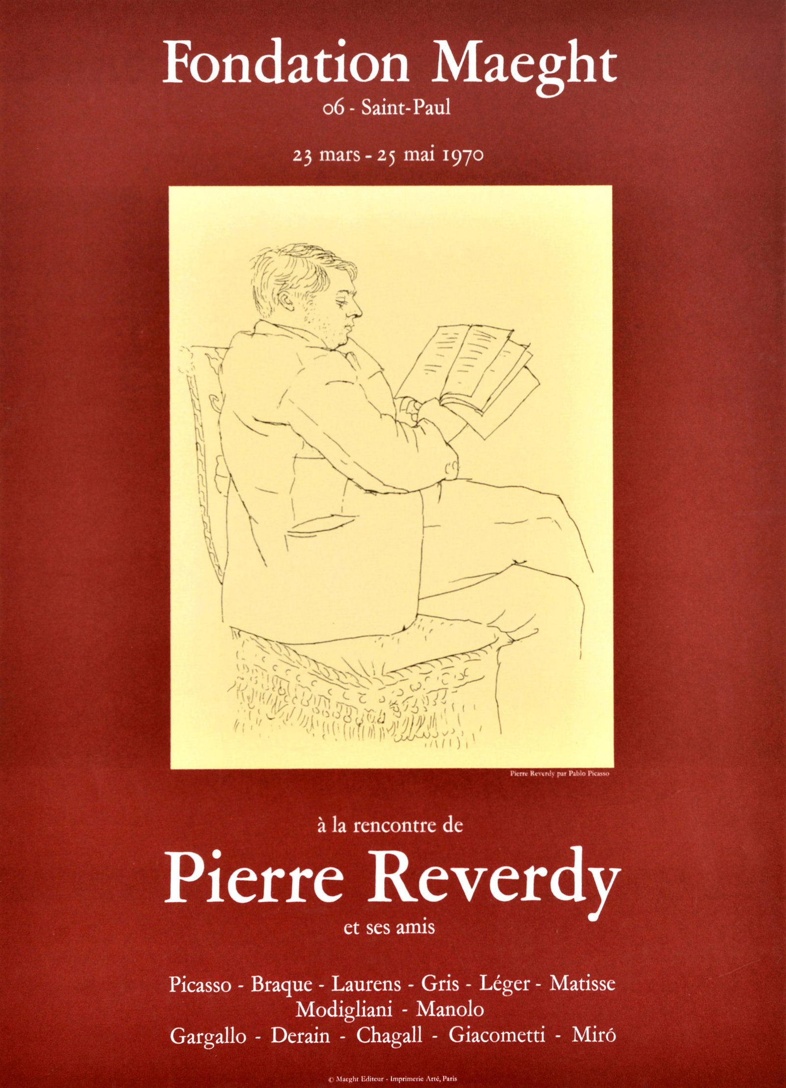 Art Exhibition Poster Pierre Reverdy And His Friends: Original vintage exhibition poster for Meeting Pierre Reverdy and his friends / a la rencontre de Pierre Reverdy et ses amis Picasso Braque Laurens Gris Leger Matisse Modigliani Manolo Gargallo Derain