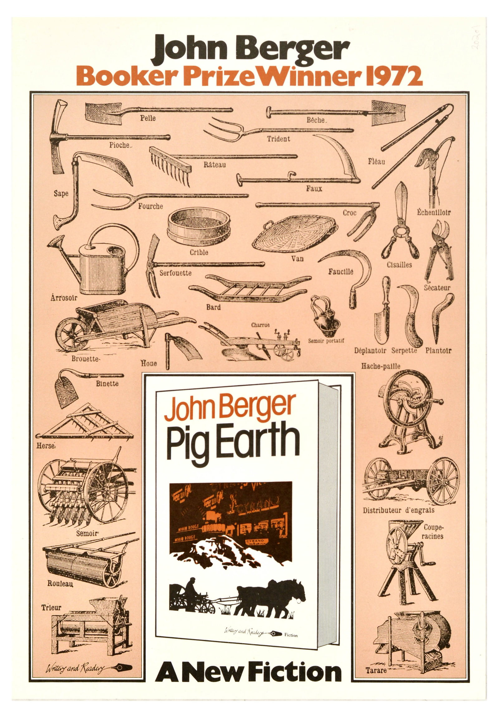 Advertising Poster John Berger Pig Earth Booker Prize: Original vintage advertising poster for John Berger's book Pig Earth, a collection of stories, poems, and sketches documenting the difficult and changing lives of a peasant community in the French Alp