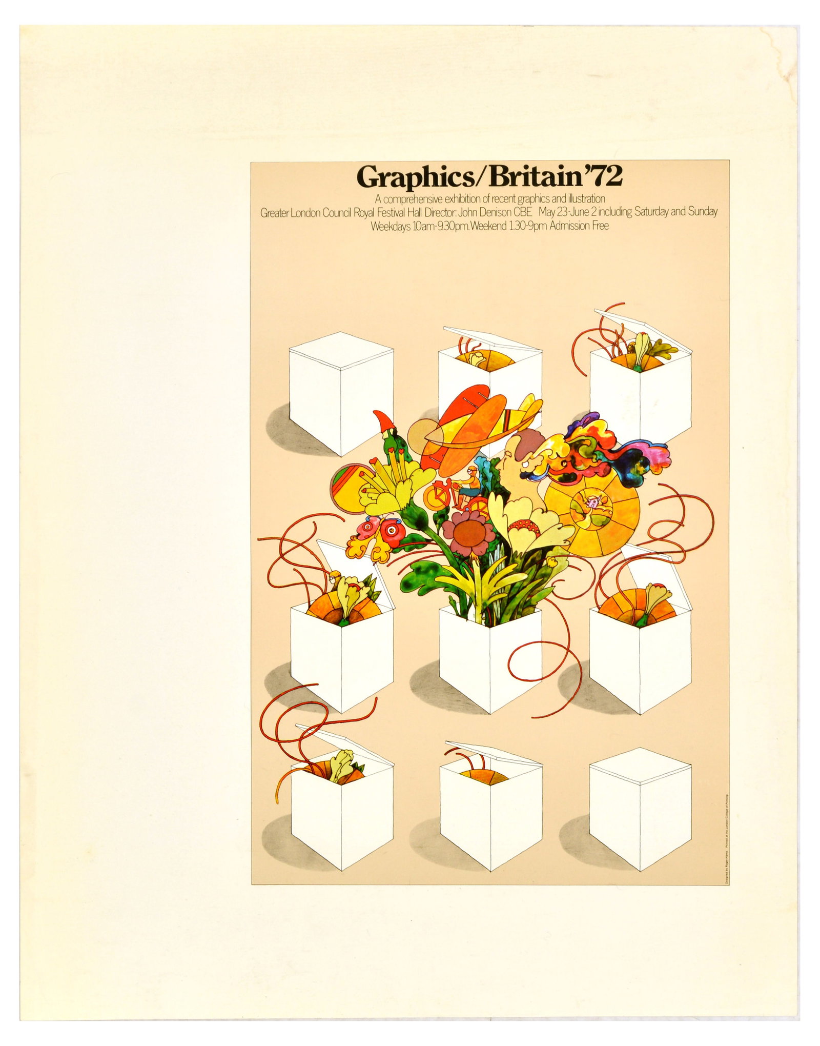 Advertising Poster Graphics Britain Art Exhibition Roger Harris: Original vintage art exhibition advertising poster for Graphics / Britain '72, a comprehensive exhibition of recent graphics and illustration at the Greater London Council Royal Festival Hall in Londo