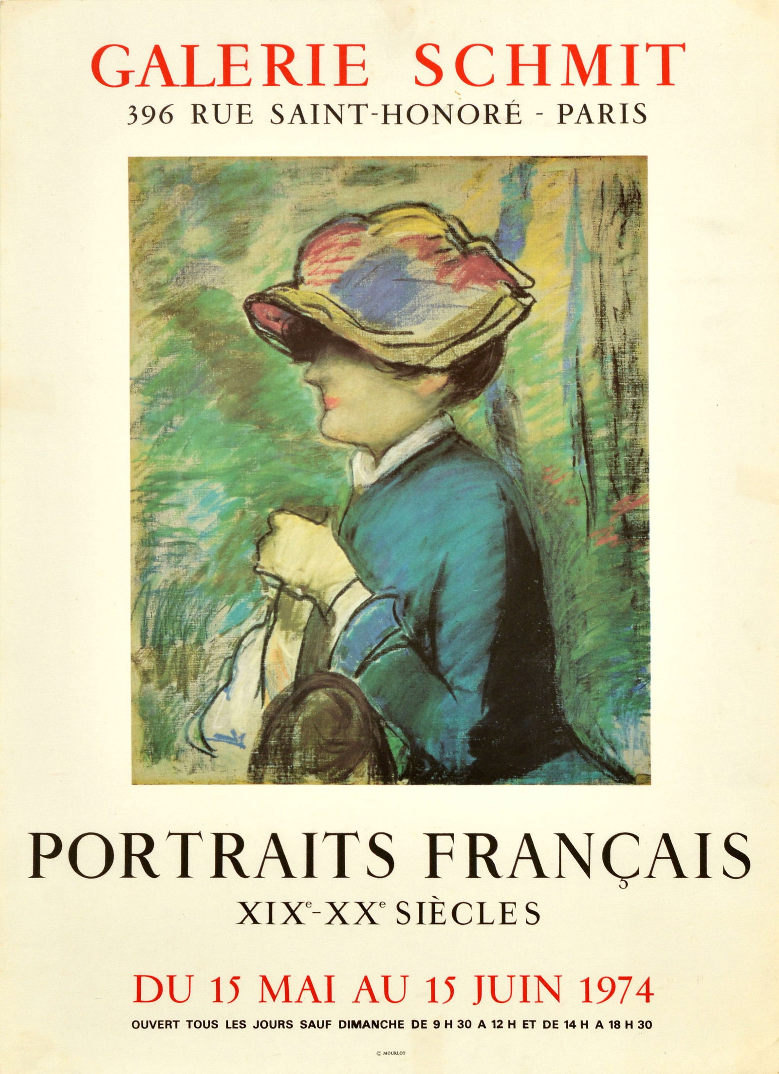 Art Exhibition Poster Portraits Francais Manet Galerie Schmit: Original vintage art exhibition poster for Galerie Schmit Portraits Francais XIXe-XXe Siecles / French Portraits 19th-20th Century held in Paris from 15 May to 15 June 1974, featuring the artwork Youn