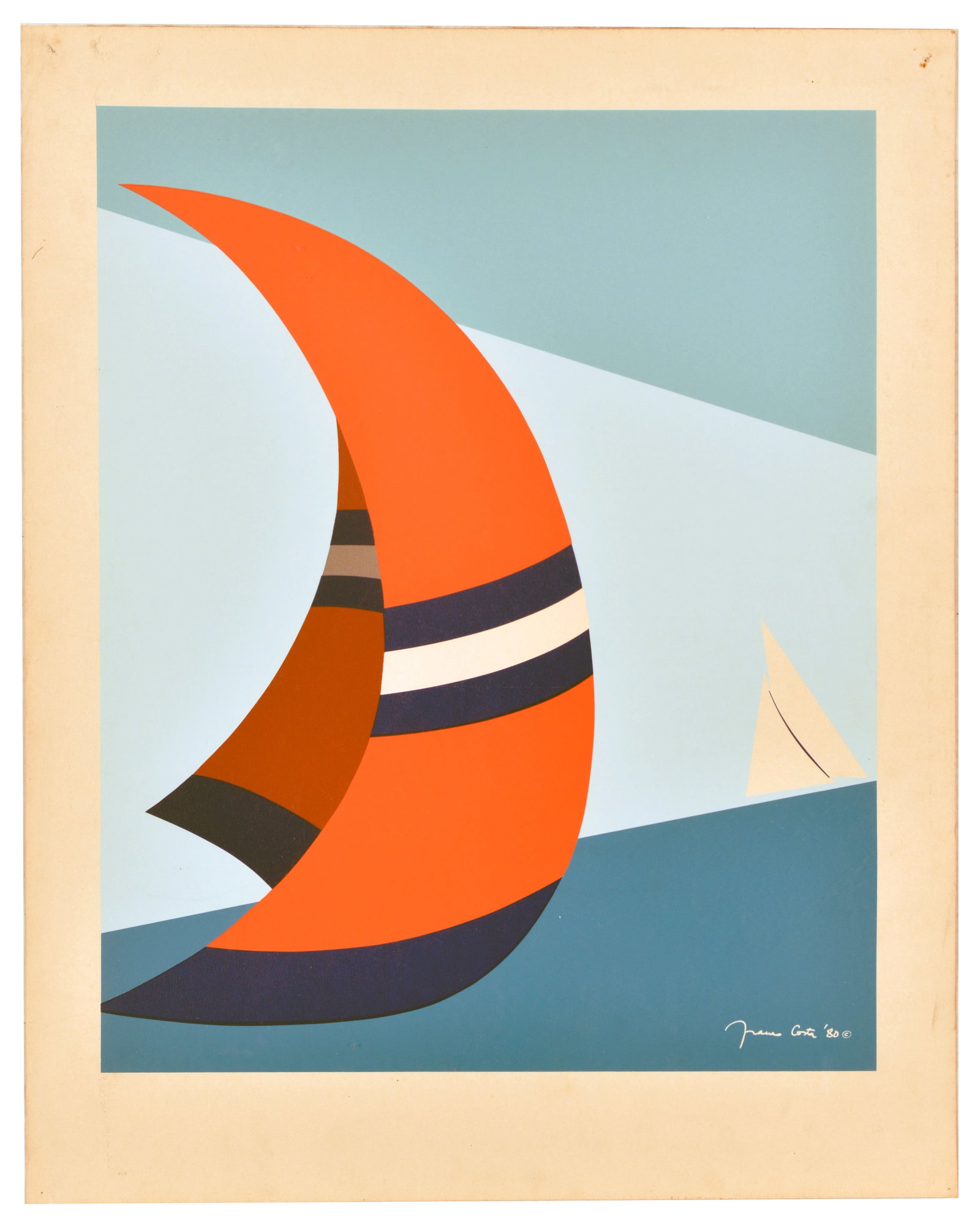 Art Print Red Spinnaker Sailboat Florida Miami Franco Costa: Original vintage maritime art print poster by the renowned Italian painter and graphic designer Franco Costa (1934-2015), created to promote the annual boat show in Miami. This striking mid-century mo
