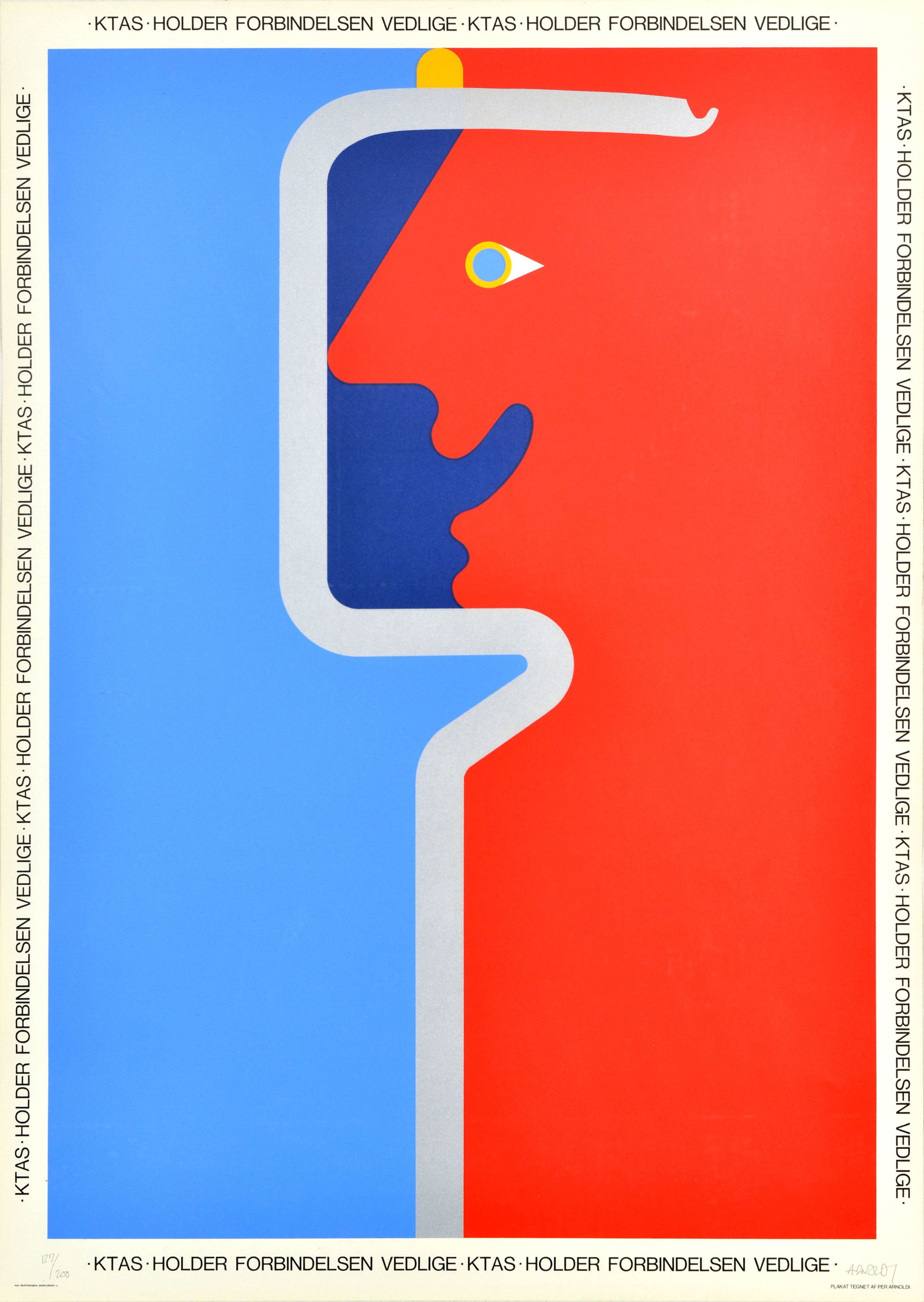 Advertising Poster KTAS Telecom Denmark Connection Per Arnoldi: Original vintage advertising poster - Ktas Holder Forbindelsen Vedlige / Maintains the connection - featuring a colourful illustration by the Danish poster artist and designer Per Arnoldi (b. 1941) of