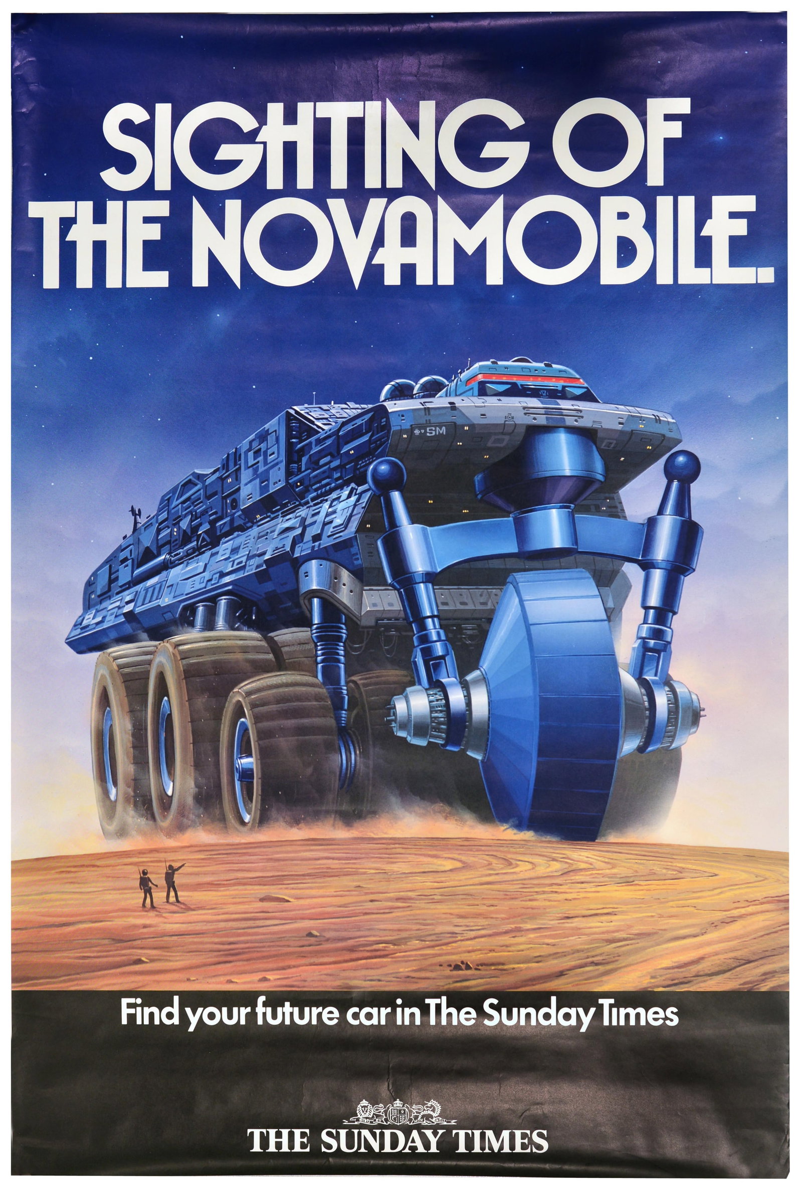 Advertising Poster Sighting of the Novambile SciFi Sunday Times: Original vintage advertising poster published by The Sunday Times as part of a high-concept promotional campaign. The artwork, titled The Siting of the Novamobile, features the "Novamobile," a colossa
