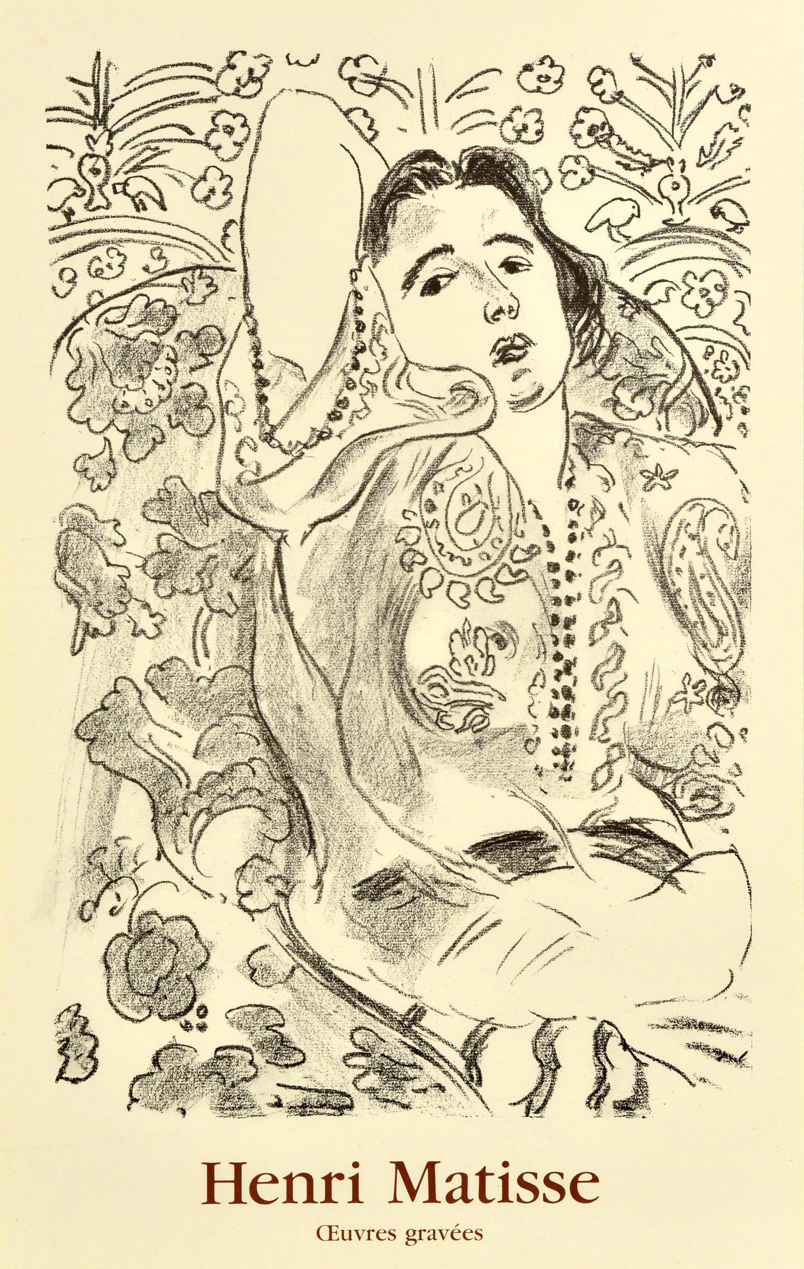Art Exhibition Poster Henri Matisse Arabesque Engraved Works: Original vintage exhibition poster for Henri Matisse Oeuvres Gravees / Engravings featuring Arabesque by the renowned French artist Henri Matisse (1869-1954) depicting a floral design of a person in p