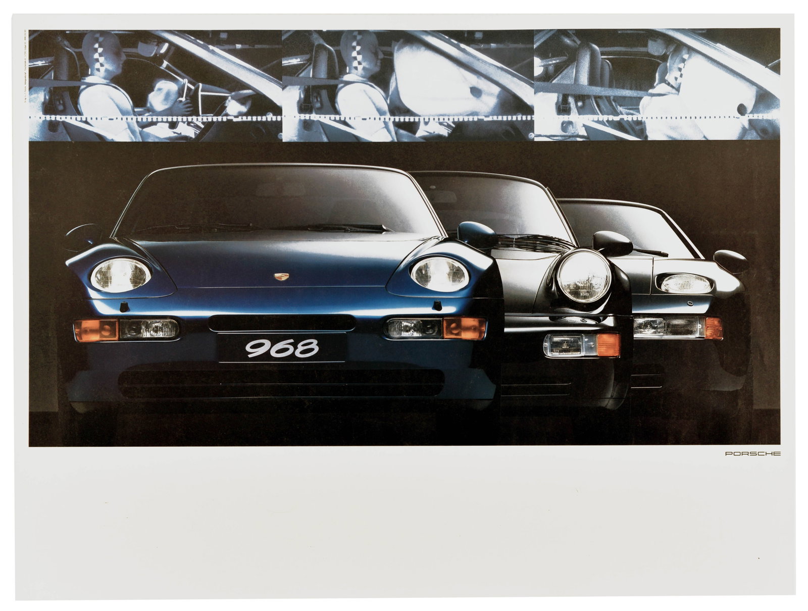 Advertising Poster Porsche 968 Lineup: Original vintage advertising poster to mark the introduction of the Porsche 968, the final evolution of the marque?s front-engined transaxle series. The striking composition features a deep blue 968 i