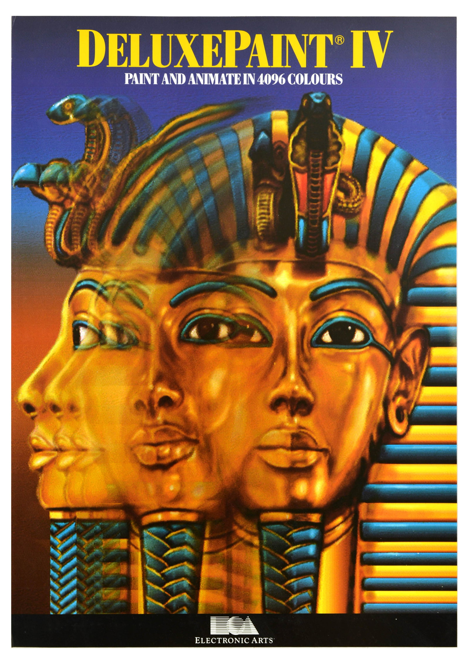 Advertising Poster Deluxe Paint Graphic Editor Tutankhamun Egypt: Original vintage advertising poster for Deluxe Paint, often referred to as DPaint, is a bitmap graphics editor created by Dan Silva for Electronic Arts, featuring an image of an Egyptian pharaoh Tutan