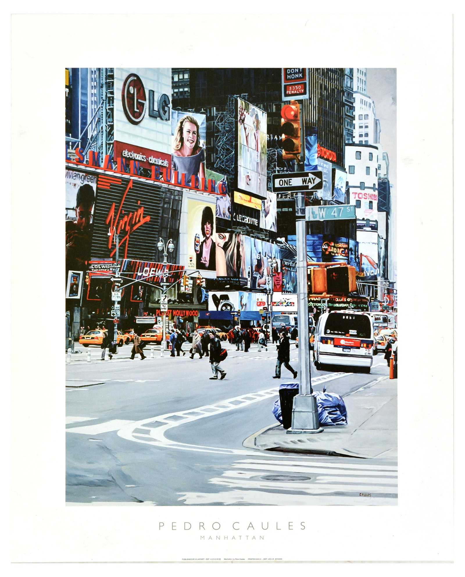 Advertising Poster Manhattan New York Pedro Caules: Original vintage art print of a painting titled Manhattan by Pedro Caules (born 1948), a Spanish painter known for creating cityscape, street scene, and, in particular, New York-themed artworks. The a