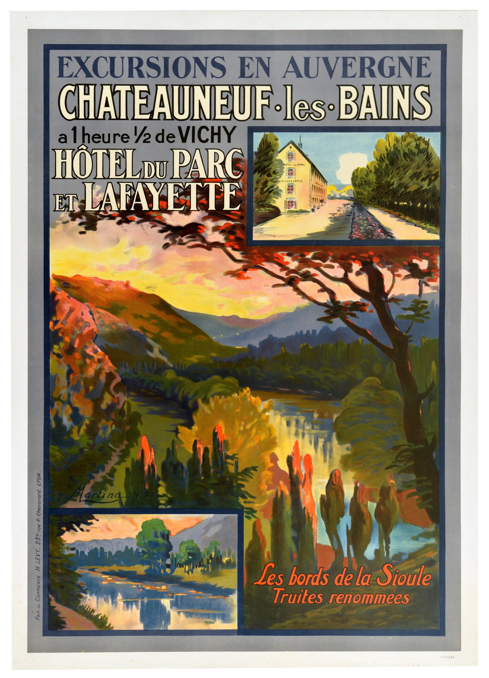 Travel Poster Chateauneuf Les Bains Auvergne France: Original antique travel advertising poster promoting excursions to the spa town of Chateauneuf-les-Bains in the Auvergne region of central France, featuring a rich visual montage, featuring a large ce