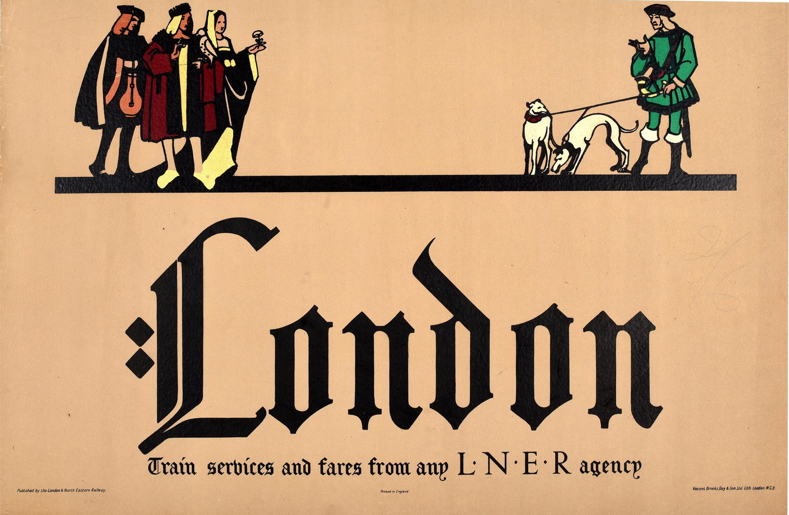 Travel Poster London LNER Train Service Fred Taylor Tudor: Original antique travel poster for London - Train services and fares from any LNER agency - featuring Old English calligraphy style lettering and illustrations of people in medieval clothing including