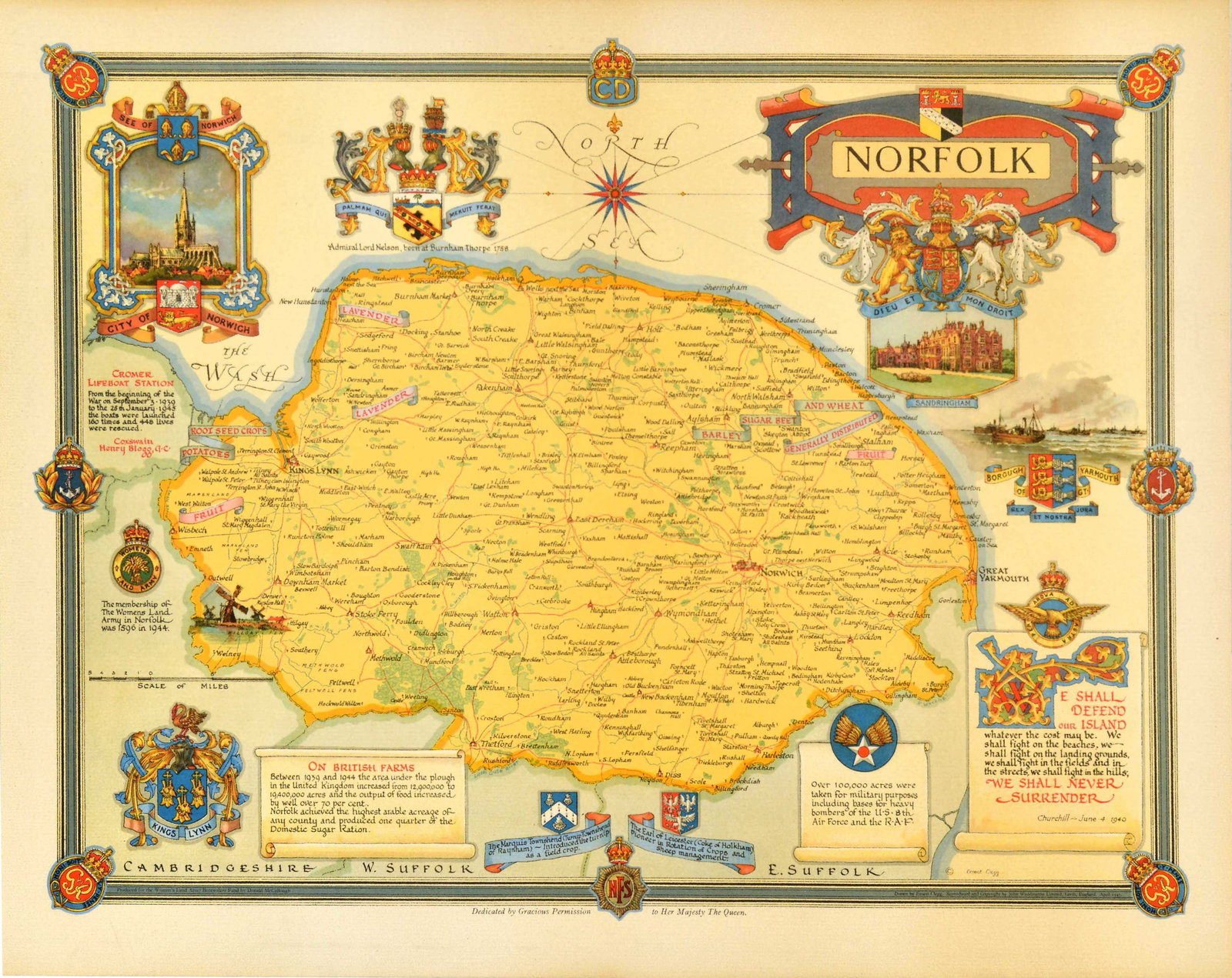 Travel Poster Norfolk Illustrated Map British Womens Land Army Ernest Clegg: Original vintage post-World War Two map poster for Norfolk England featuring a colourful design by Ernest Costain Clegg (1876-1954) of the ceremonial county with illustrations of notable landmarks and