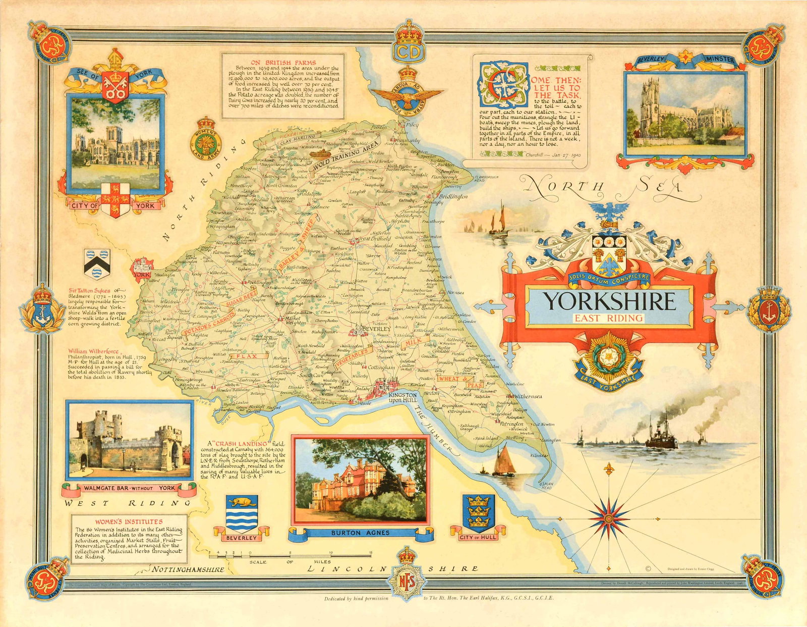 Travel Poster Yorkshire East Riding Illustrated Map British Womens Land Army Ernest Clegg: Original vintage post-World War Two map poster for Yorkshire East Riding featuring a colourful design by Ernest Costain Clegg (1876-1954) of the county in north east England with illustrations of nota