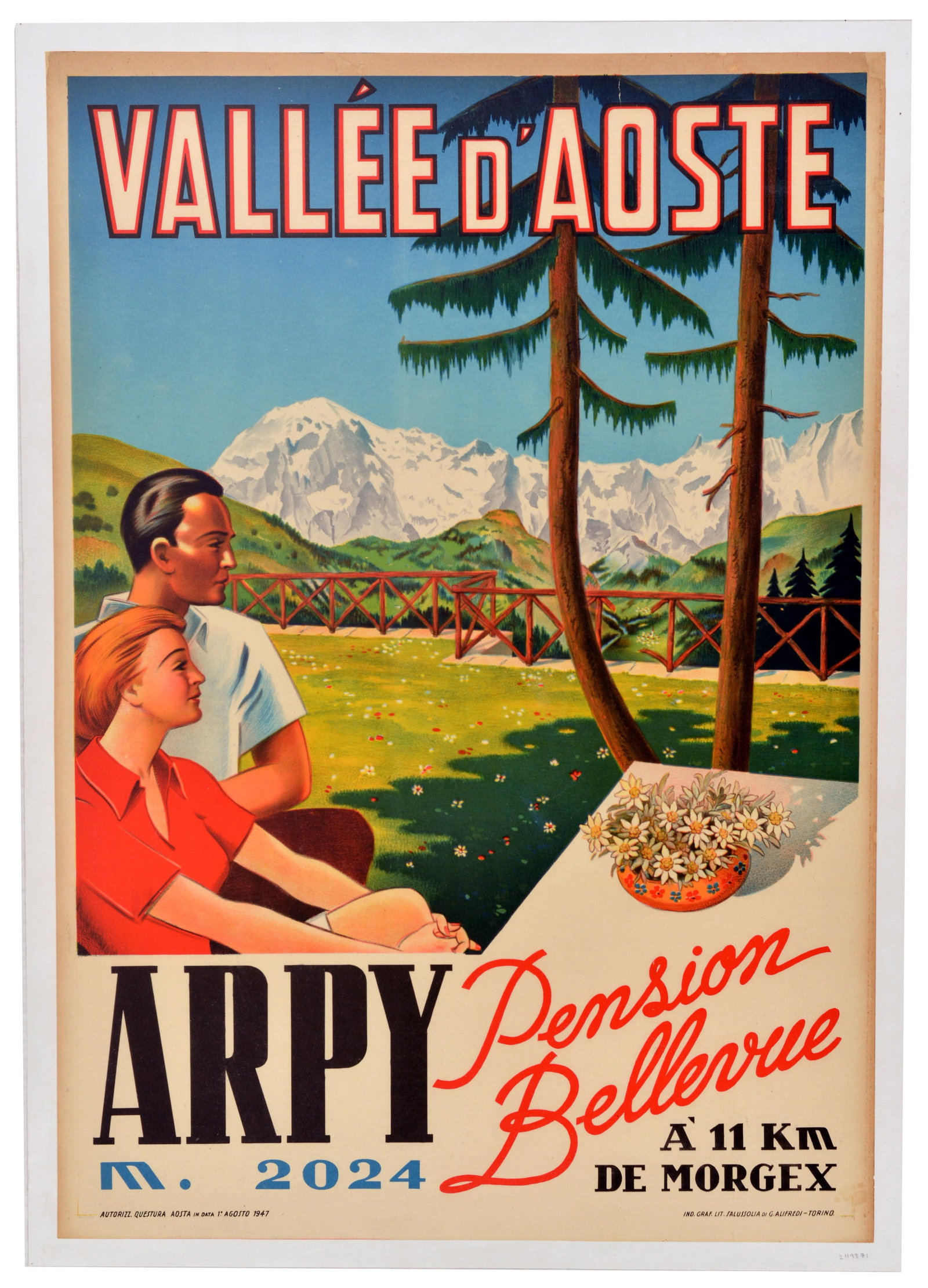 Travel Poster Aosta Valley Pension Bellevue Arpy Italy: Original vintage travel advertising poster promoting the Pension Bellevue in Arpy, located in the Aosta Valley of northwest Italy, near the borders of France and Switzerland, as an alpine tourism dest