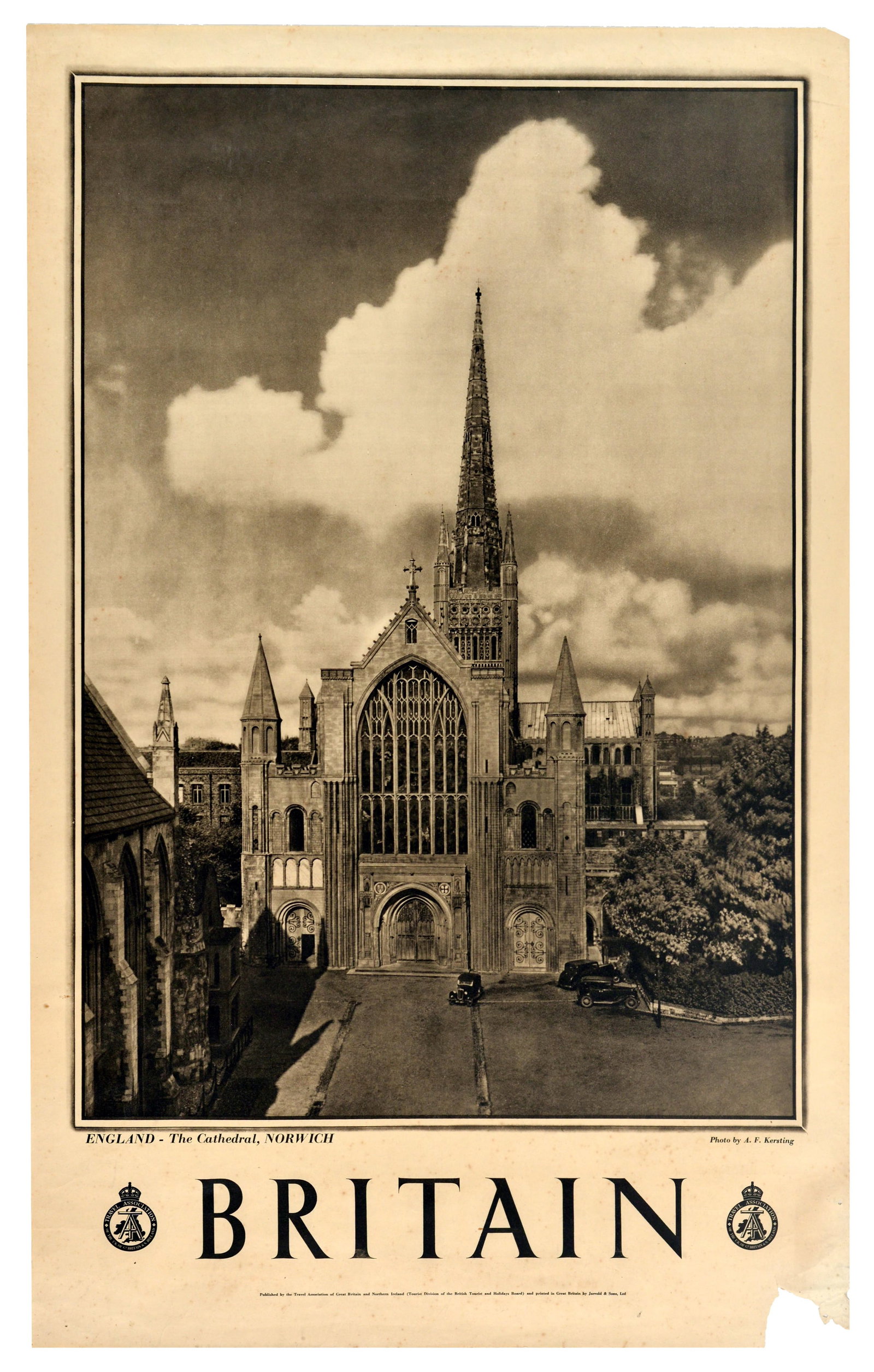 Travel Poster Britain England Norwich Cathedral: Original vintage travel advertising poster for Britain, produced by the Travel Association of Great Britain and Northern Ireland, featuring an atmospheric sepia-toned photolithograph by the celebrated