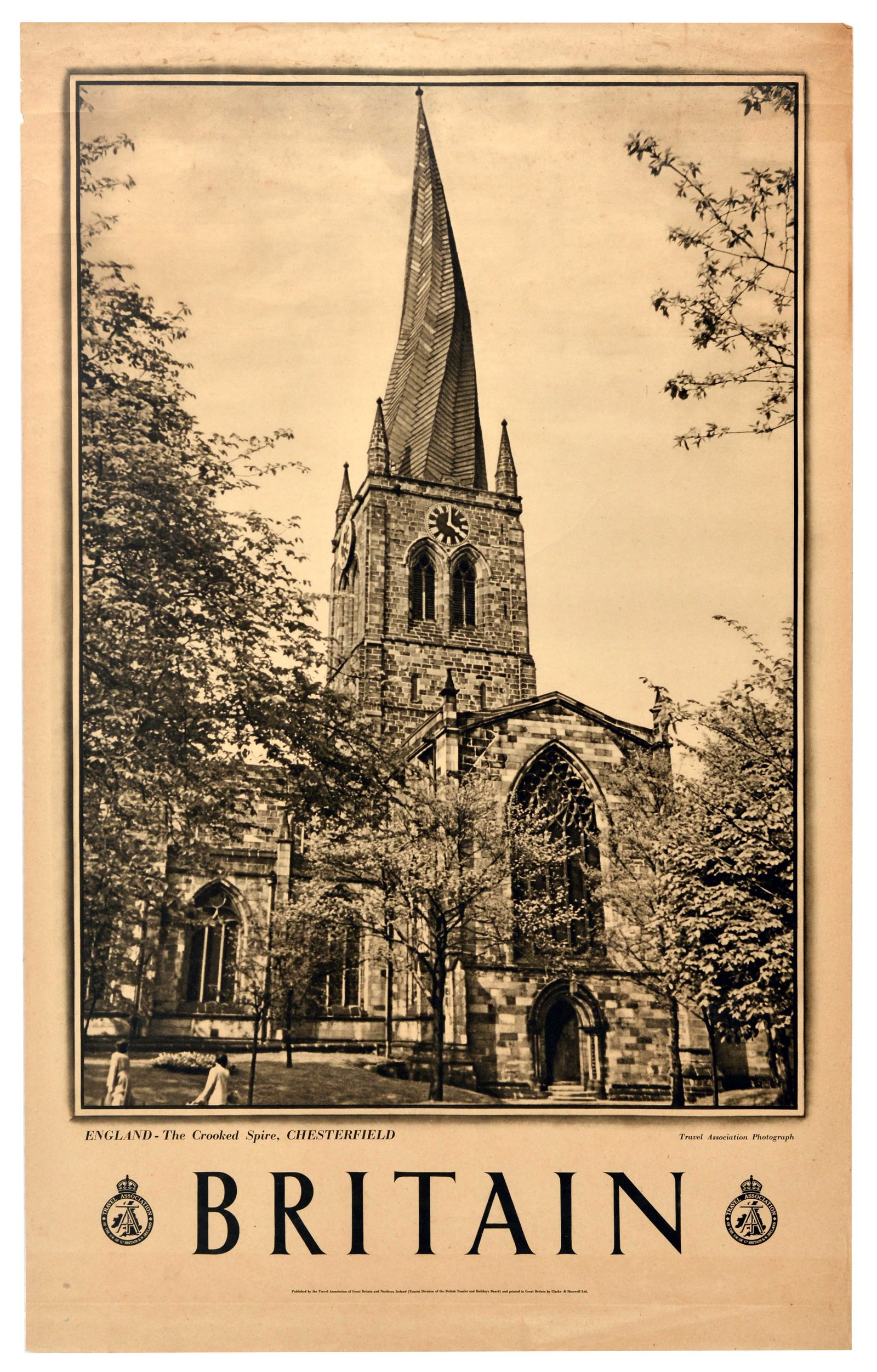 Travel Poster Britain England Crooked Spire Chesterfield: Original vintage travel advertising poster for Britain, produced by the Travel Association of Great Britain and Northern Ireland, featuring a sepia-toned photolithograph capturing one of England?s mos