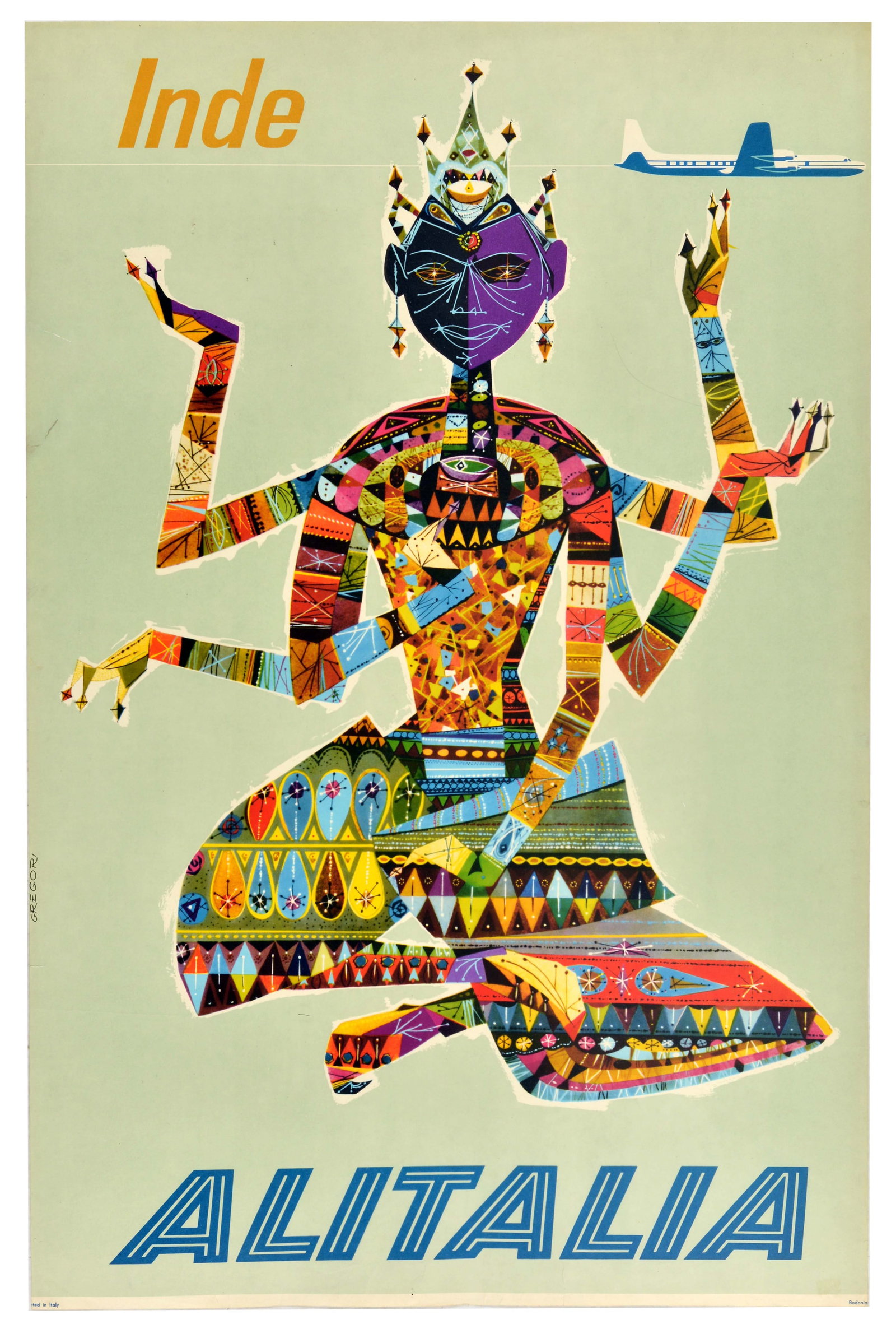 Travel Poster India Inde Alitalia Airline Nino Gregori: Original vintage travel poster for Alitalia, designed by Italian illustrator Nino Gregori (b.1925), promoting travel to India / Inde, featuring a vibrant stylised, multi-armed figure reminiscent of Hi