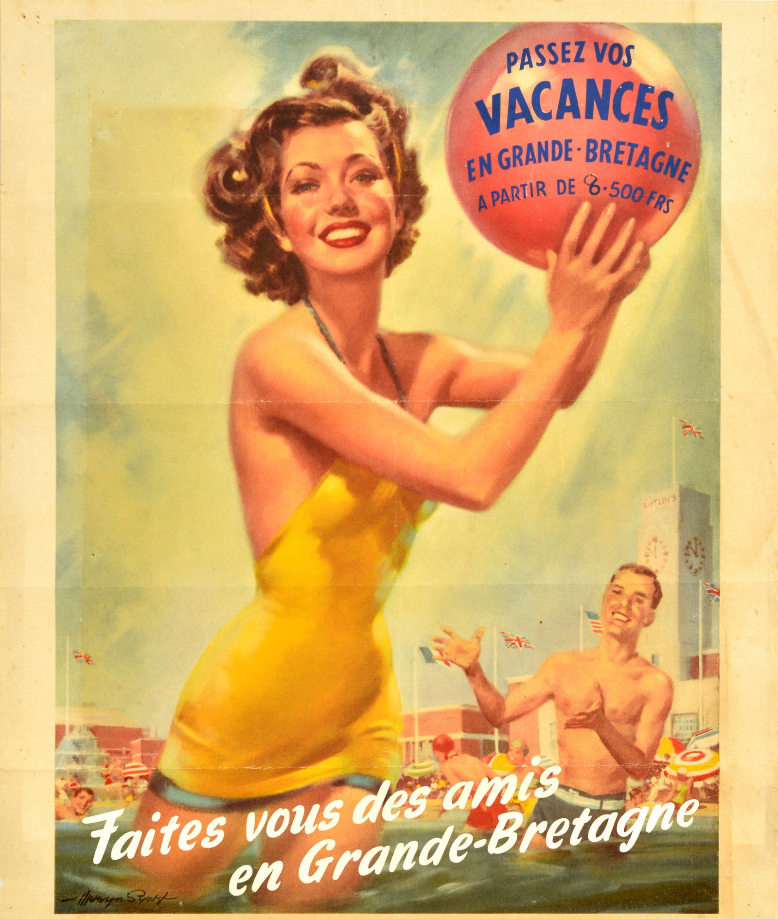 Travel Poster Holidays In Great Britain Butlins Pinup: Original vintage travel advertising poster - Passez vos vacances en Grande Bretagne a partir de 8500 frs Faites vous des amis en Grande-Bretagne / Spend your holidays in Great Britain from 8500 francs