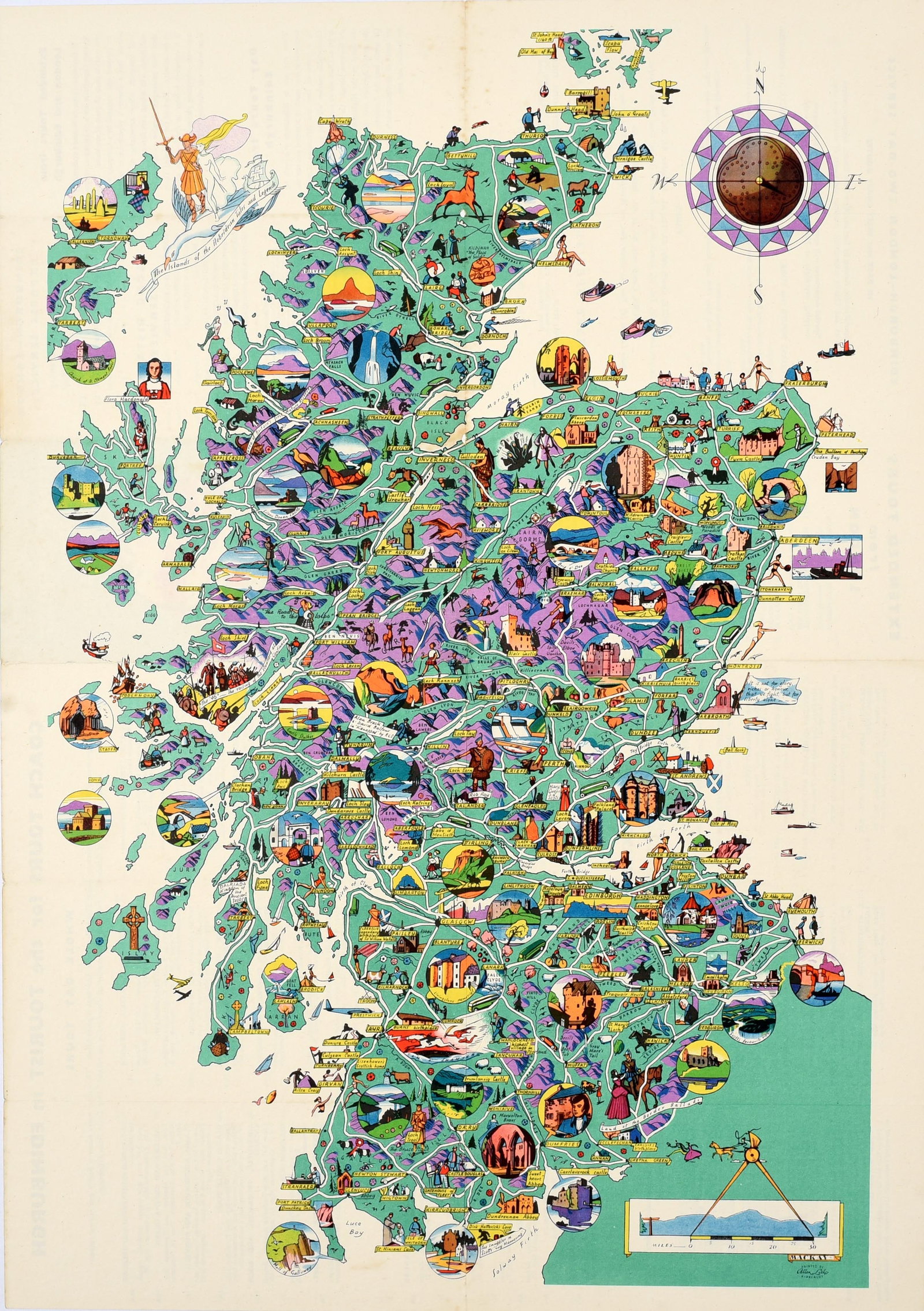 Travel Poster Scotland Illustrated Map Mackay: Original vintage pictorial map poster for Scotland featuring various detailed and colourful illustrations with captions including notable landmarks and ancient buildings, mountains and hills, rivers a