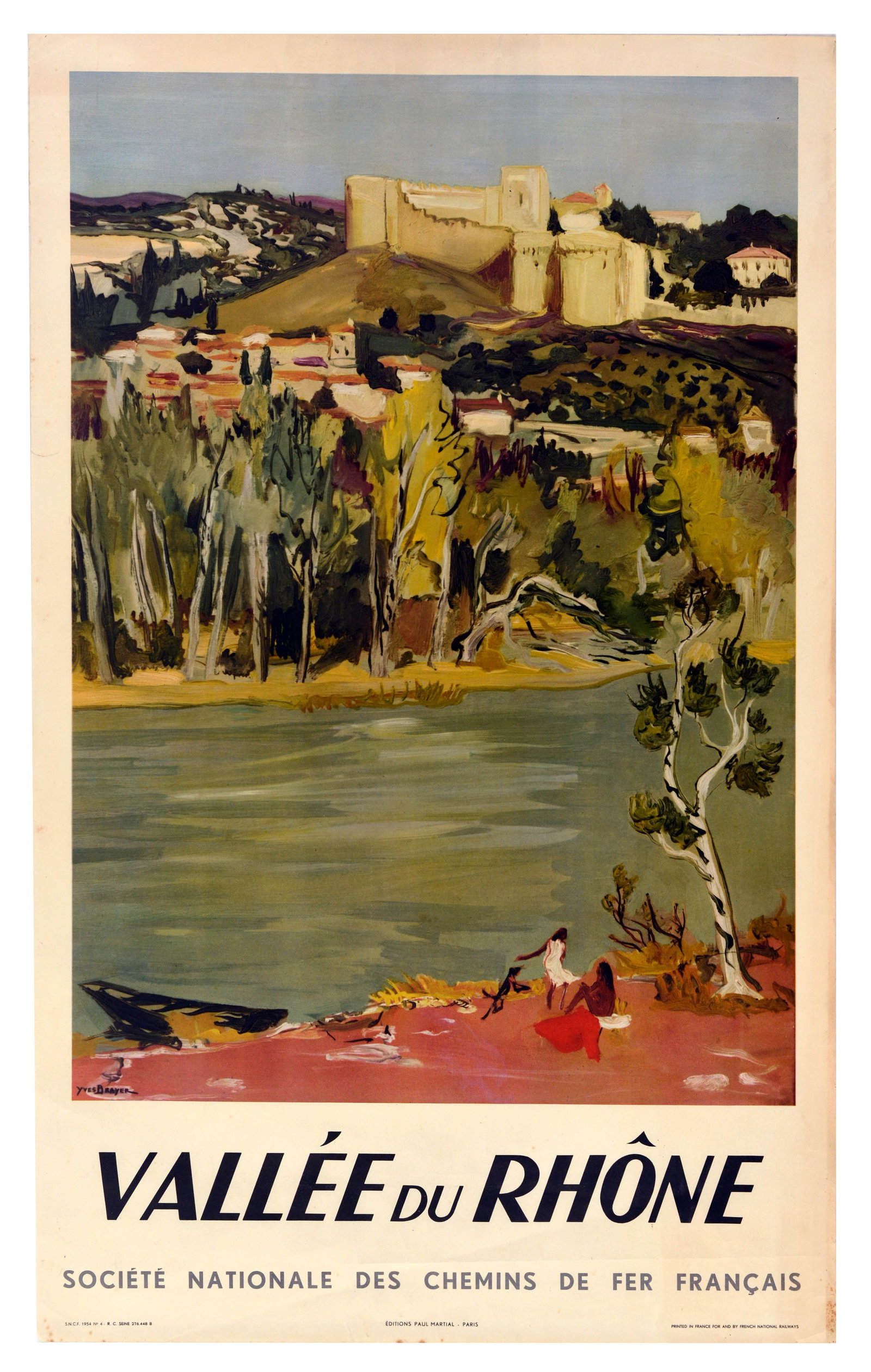 Travel Poster Vallee Du Rhone SNCF Railways Yves Brayer: Original vintage travel poster commissioned by the SNCF, French National Railways, to promote rail tourism to the scenic Rhone Valley. The artwork, by the celebrated French landscape painter and illus
