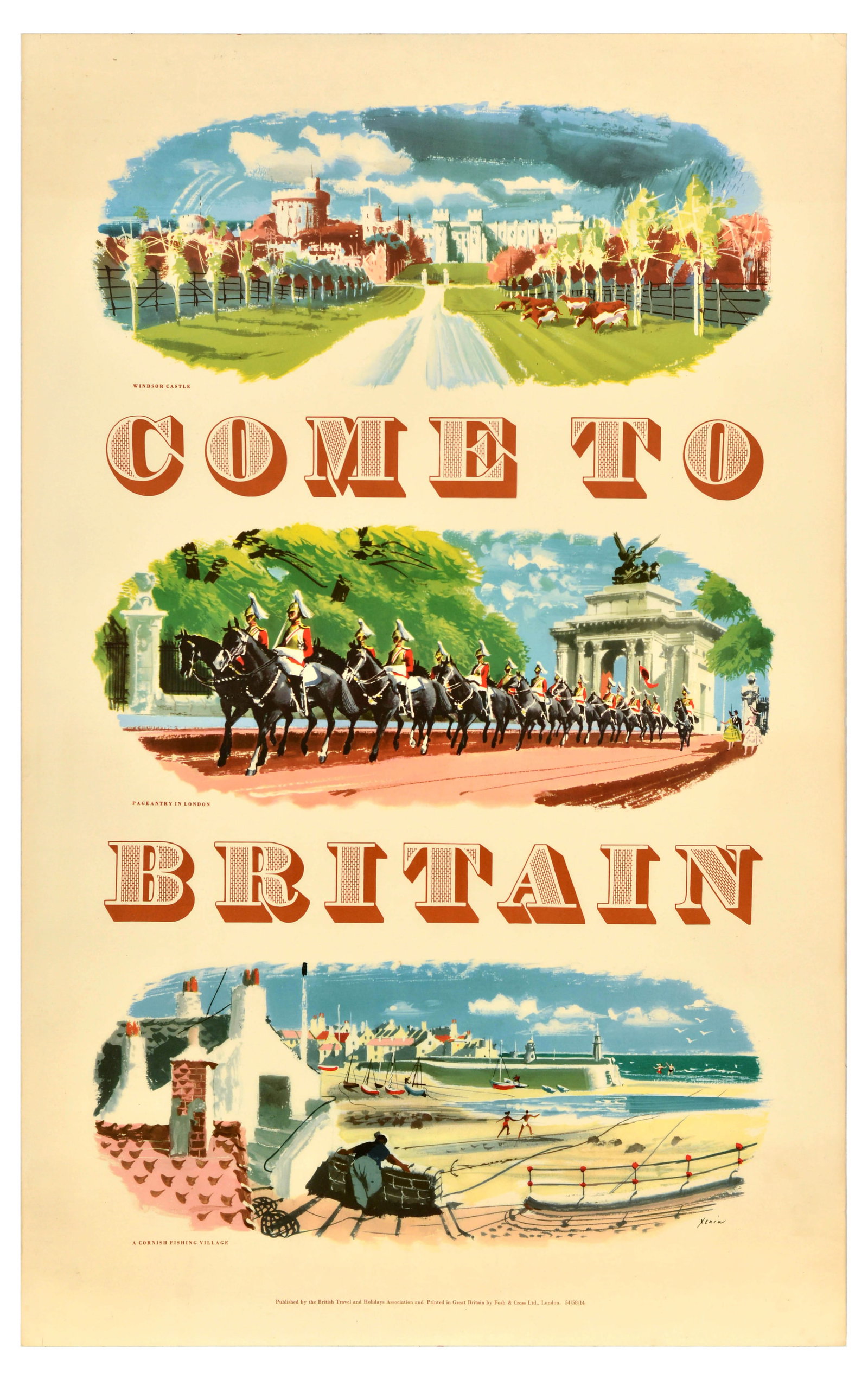 Travel Poster Come To Britain Windsor Castle Royal London Cornwall: Original vintage travel advertising poster published by the British Travel and Holidays Association to promote the various traditional historic and other tourist attractions for visitors - Come to Bri