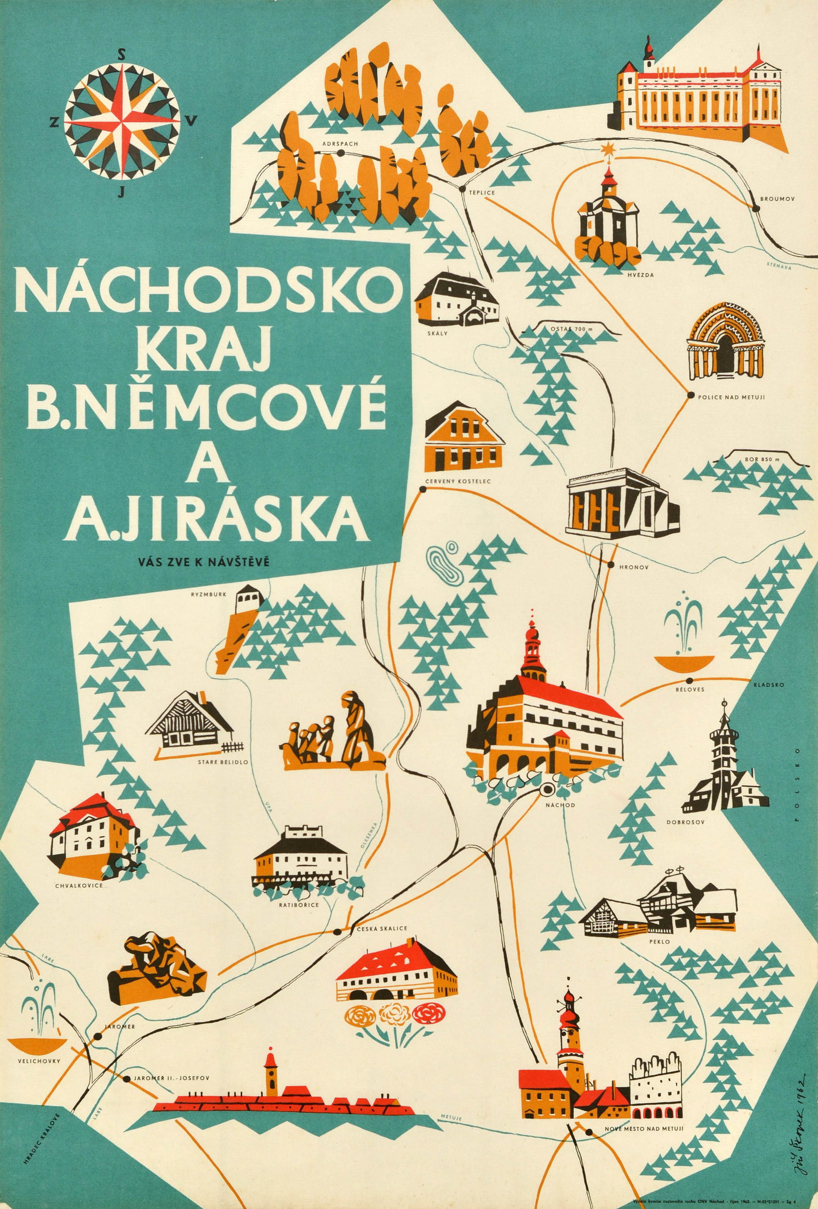 Travel Poster Nachod Region Czech Pictorial Map: Original vintage pictorial travel map Nachod Region B. Nemcove and A. Jiraska invite you to visit / Nachodsko Kraj B. Nemcove a A. Jiraska vas zve k navsteve, featuring a pictorial map of Nachod Regio