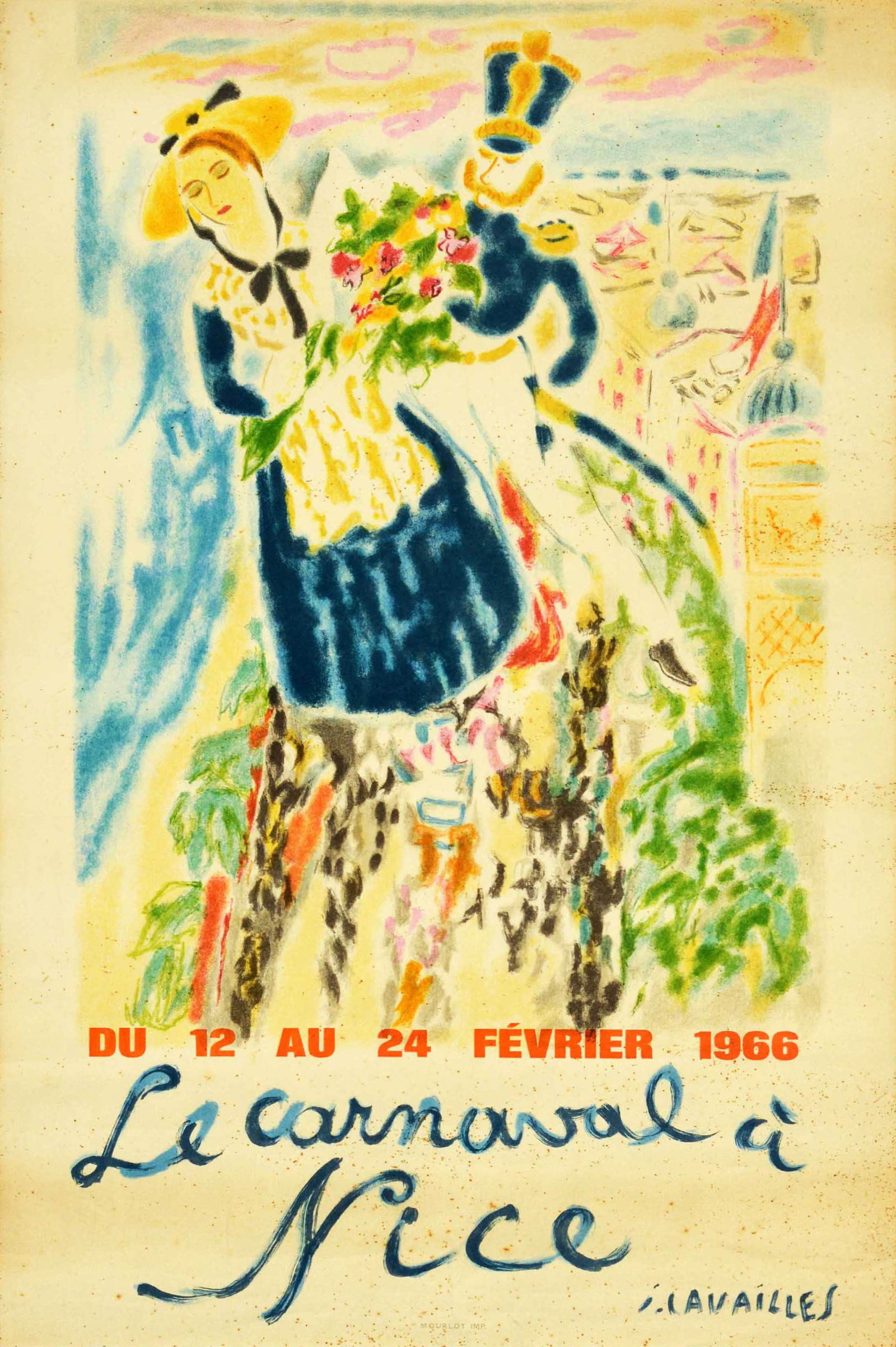 Travel Poster Carnival In Nice Cavailles French Riviera: Original vintage travel poster for the Carnival of Nice / Le Carnaval a Nice featuring colourful artwork by the French painter Jules Cavailles (1901-1977) of a lady wearing traditional clothing with a