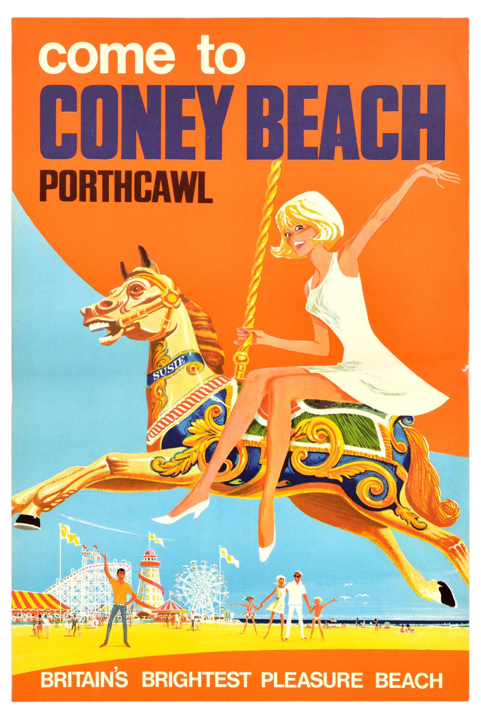 Travel Poster Coney Beach Porthcawl Britain Pleasure Park: Original vintage travel advertisement poster - Come to Coney Beach Porthcawl Britain's brightest pleasure beach - featuring colourful artwork of a young smiling lady dressed in white waving to the vie