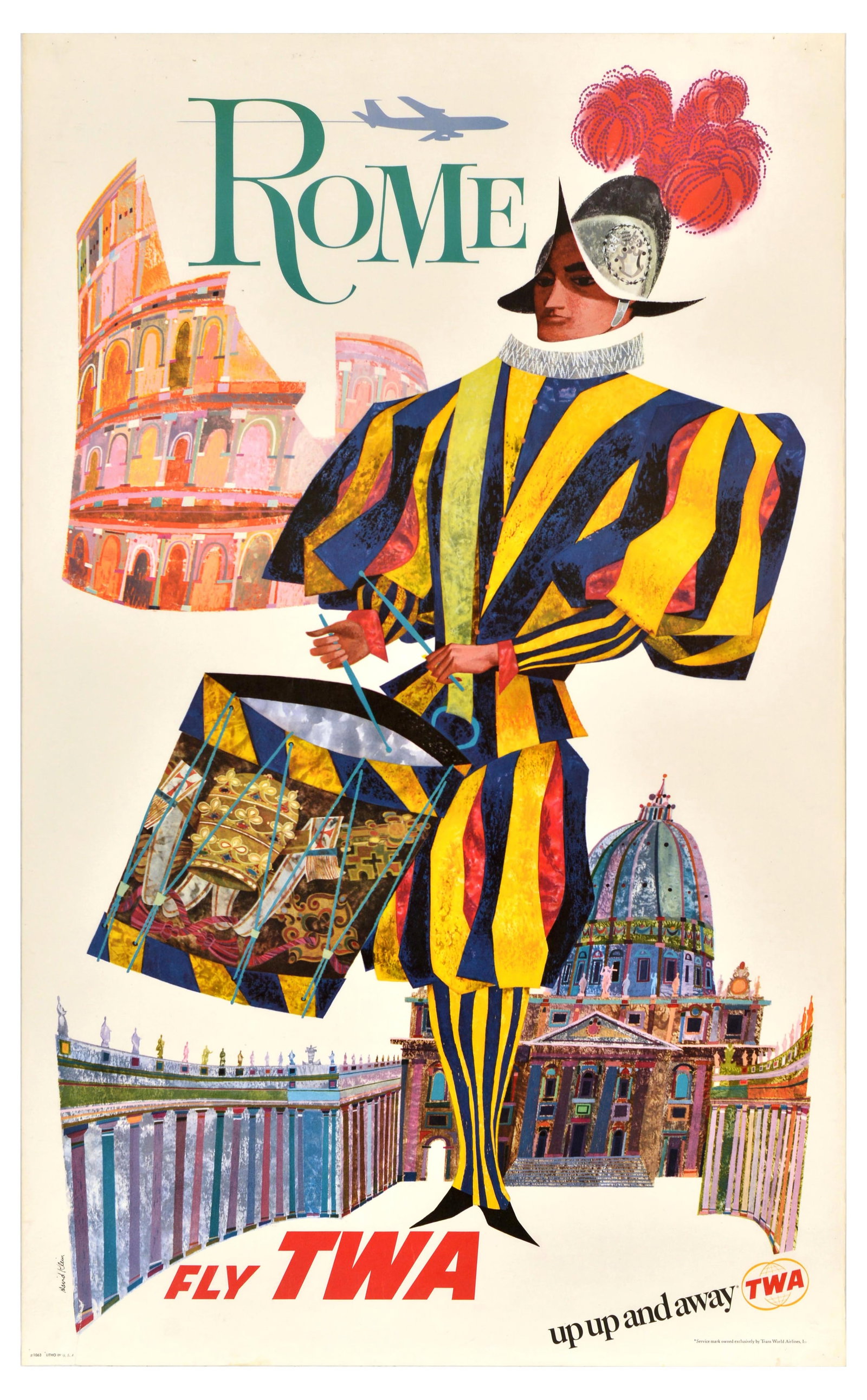 Travel Poster Rome Fly TWA Italy Colosseum David Klein: Original vintage travel advertising poster for Rome Fly TWA Up Up And Away featuring a colourful illustration of a guard dressed in a blue yellow and pink striped Renaissance style costume and a pink