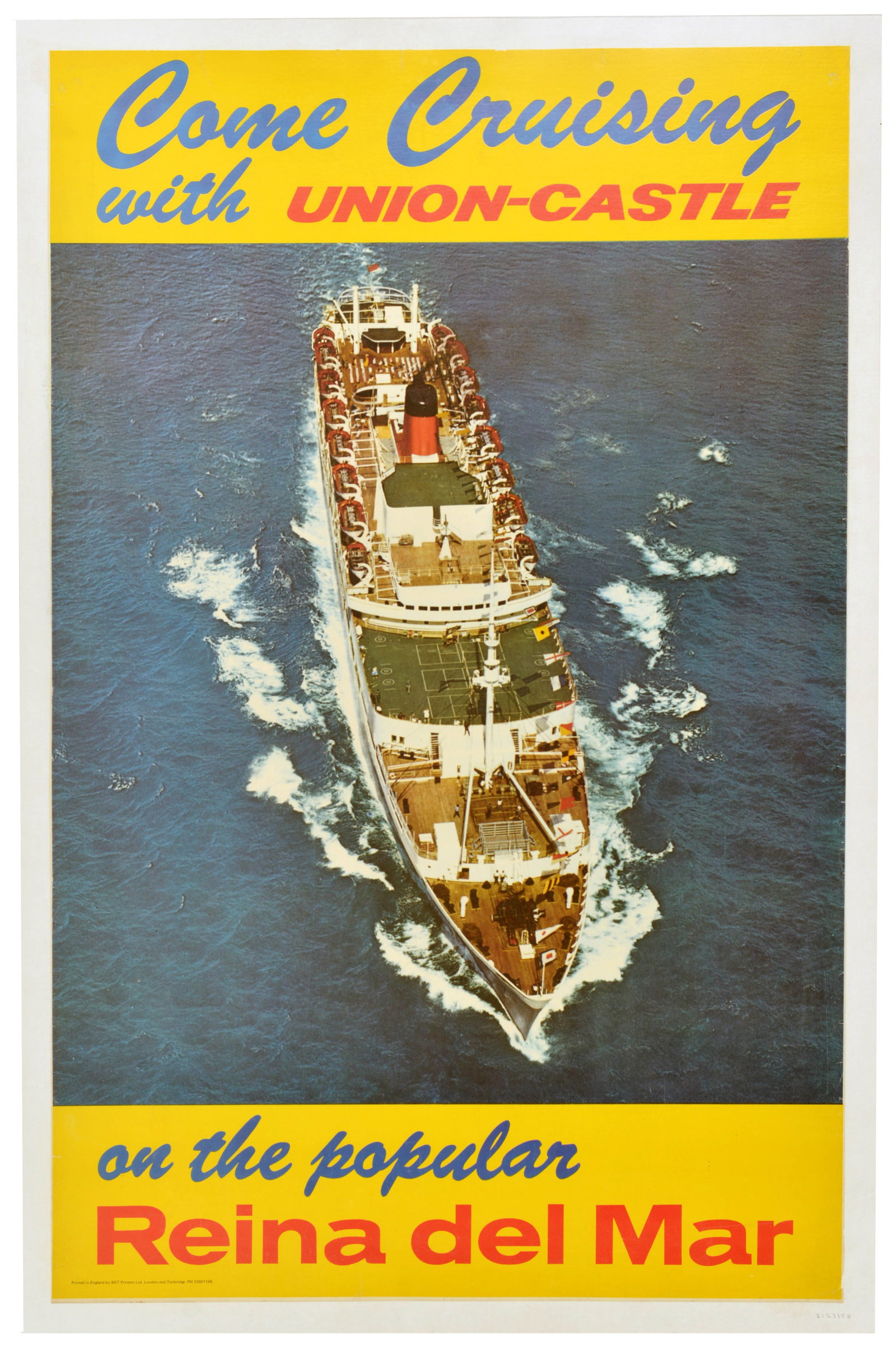 Travel Poster Union Castle SS Reina del Mar Ocean Cruise: Original vintage travel advertising poster issued by the Union-Castle Line, promoting maritime travel, features a striking high-angle aerial view of the cruise ship SS Reina del Mar slicing through de