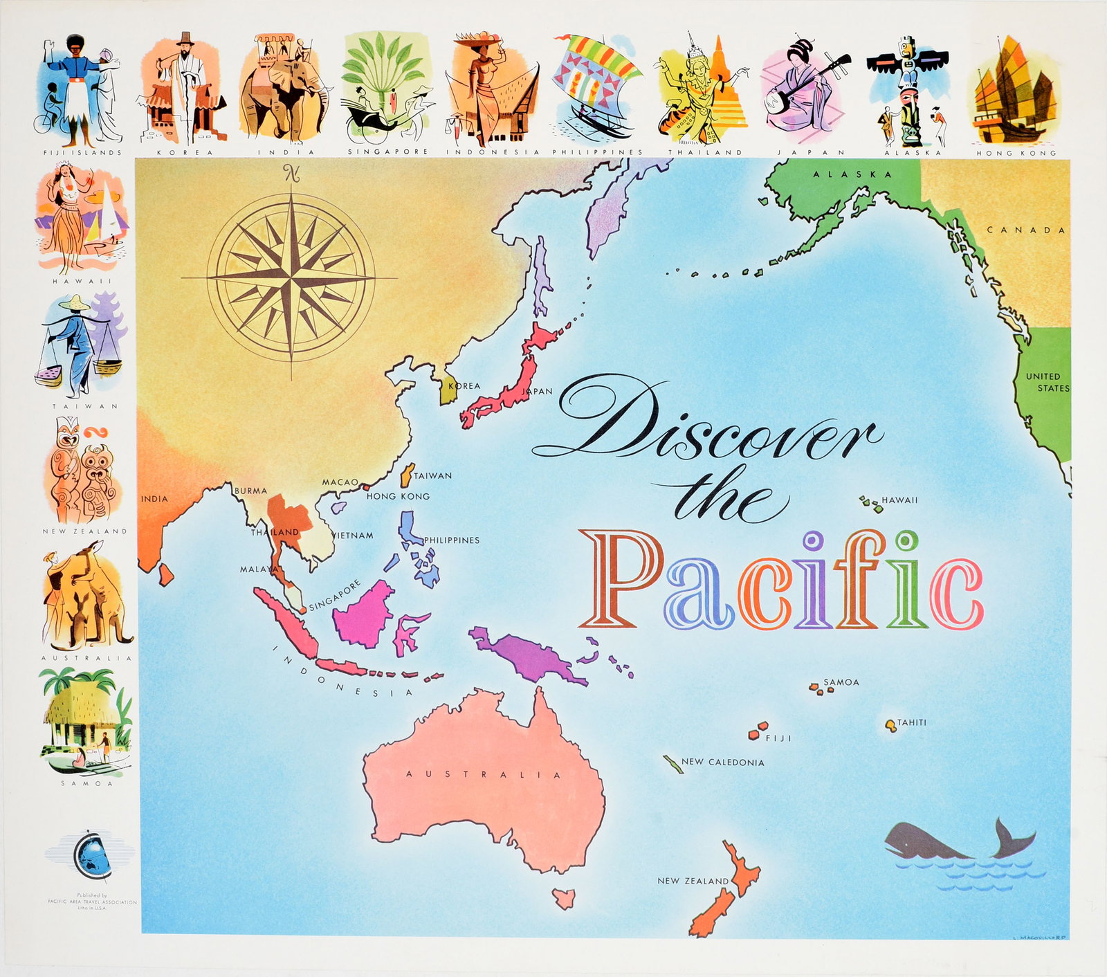 Travel Poster Discover The Pacific Ocean Islands Continents Map: Original vintage travel poster - Discover the Pacific - published by the Pacific Area Travel Association featuring a colourful map of countries and islands on the Pacific Ocean with an illustration of