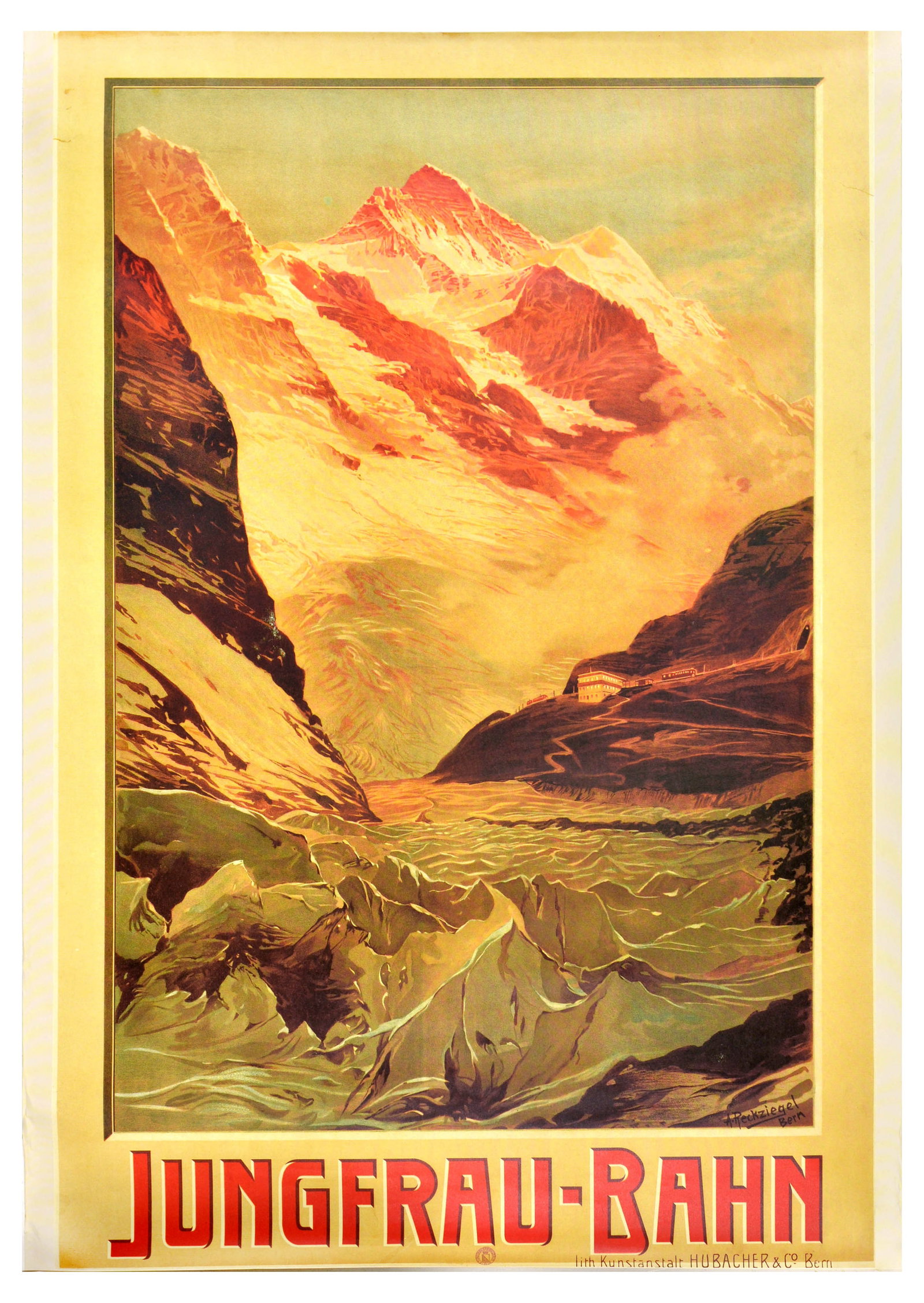 Travel Poster Set Wengernalp Jungfrau Bahn Berner Oberland Railway Swiss Mountains: Set of 2 vintage reproduction of antique Swiss travel posters. 1. Wengernalp Railway / Wengernalp Bahn created by Anton Reckziegel (1865-1936), a prolific creator of early Swiss travel imagery. The po