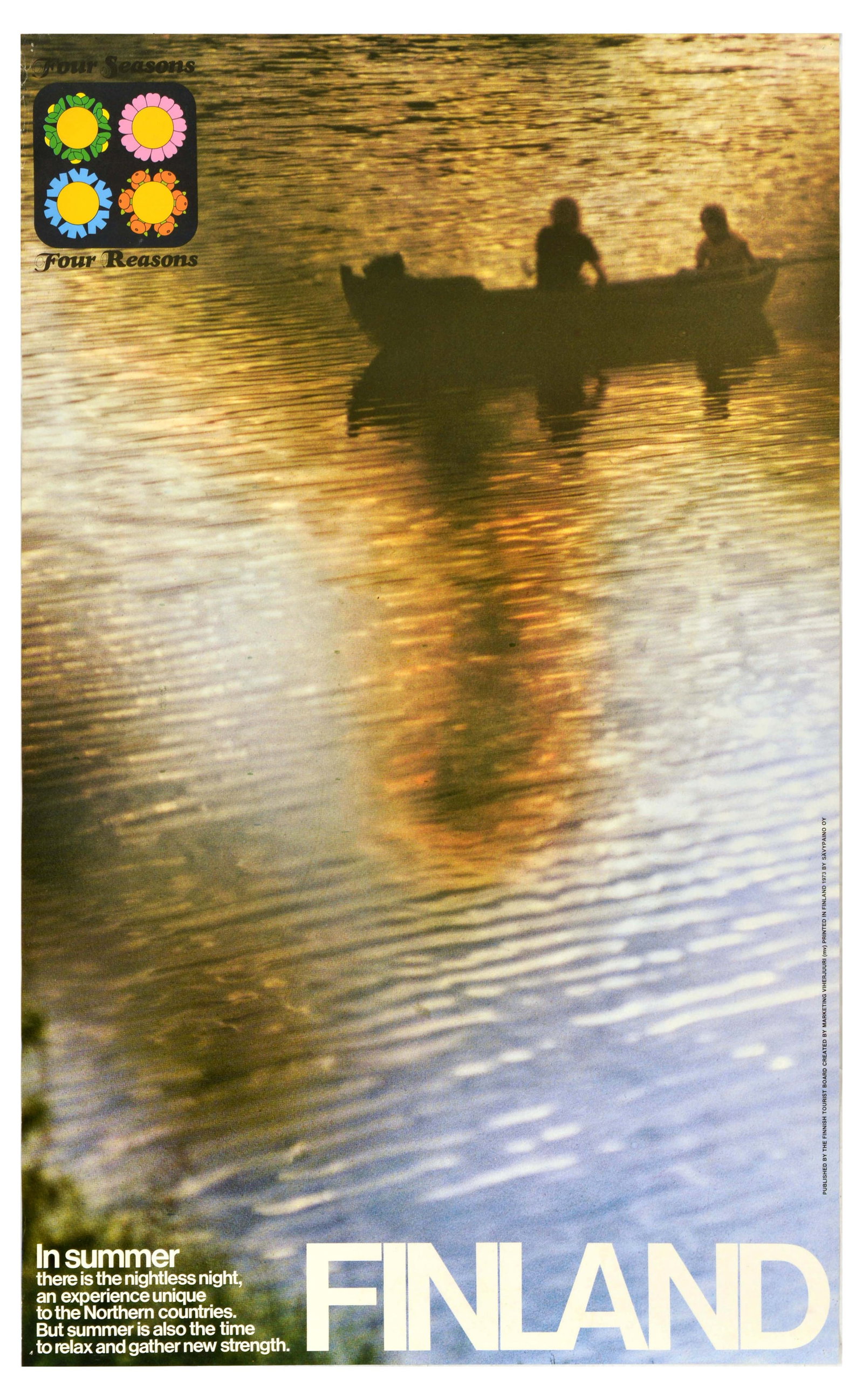 Travel Poster Finland In Summer Lake Rowing Boat Nordic: Original vintage travel advertising poster by the Finnish Tourist Board, produced to promote tourism in Finland. The striking photographic design, from the "Four Seasons Four Reasons" series, captures