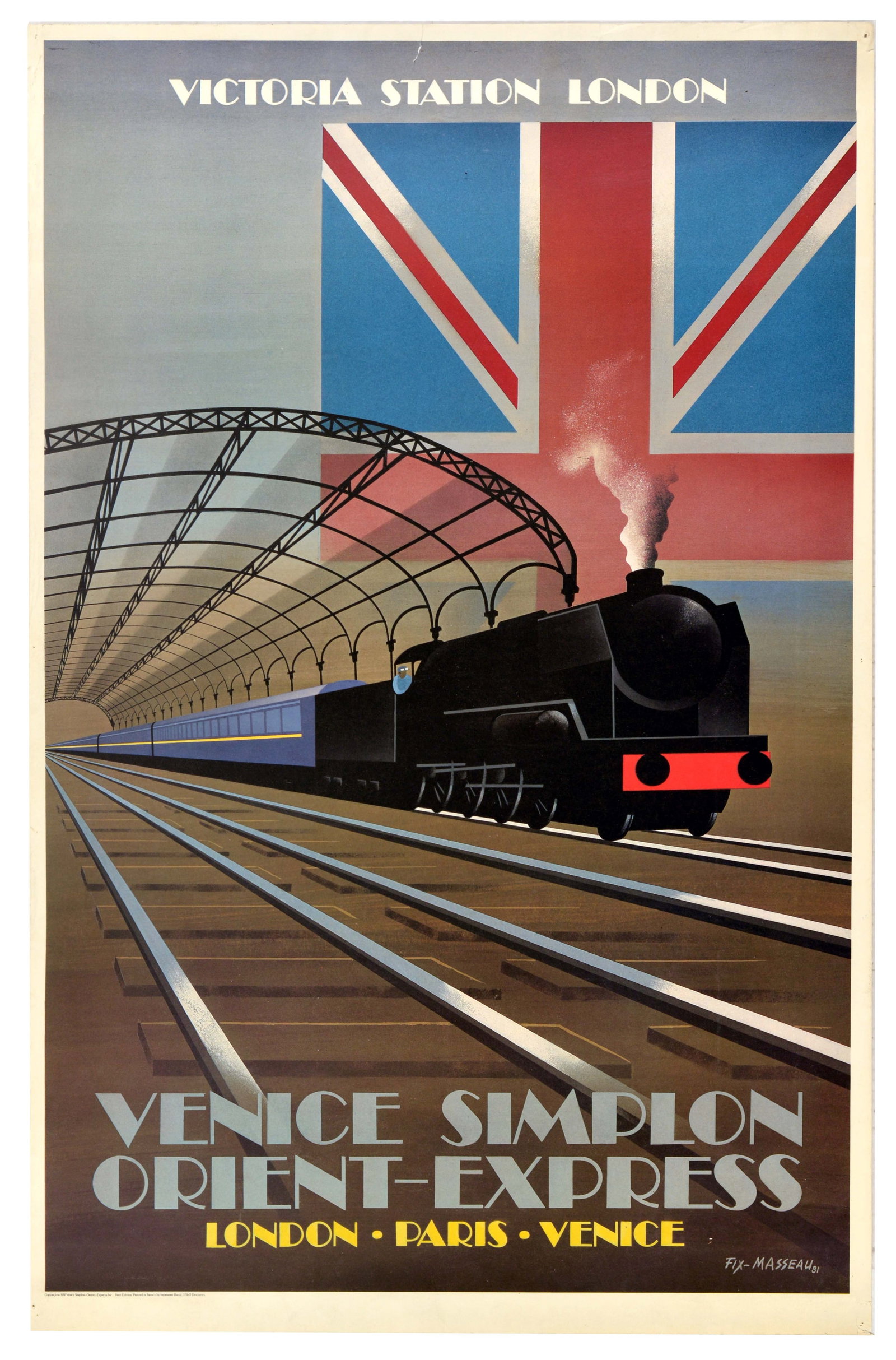 Travel Poster Art Deco Orient Express Victoria Station London: Original vintage travel advertising poster for Victoria Station, Venice Simplon Orient-Express, London Paris Venice - Art Deco style image featuring a steam train coming out of Victoria Station in Lon