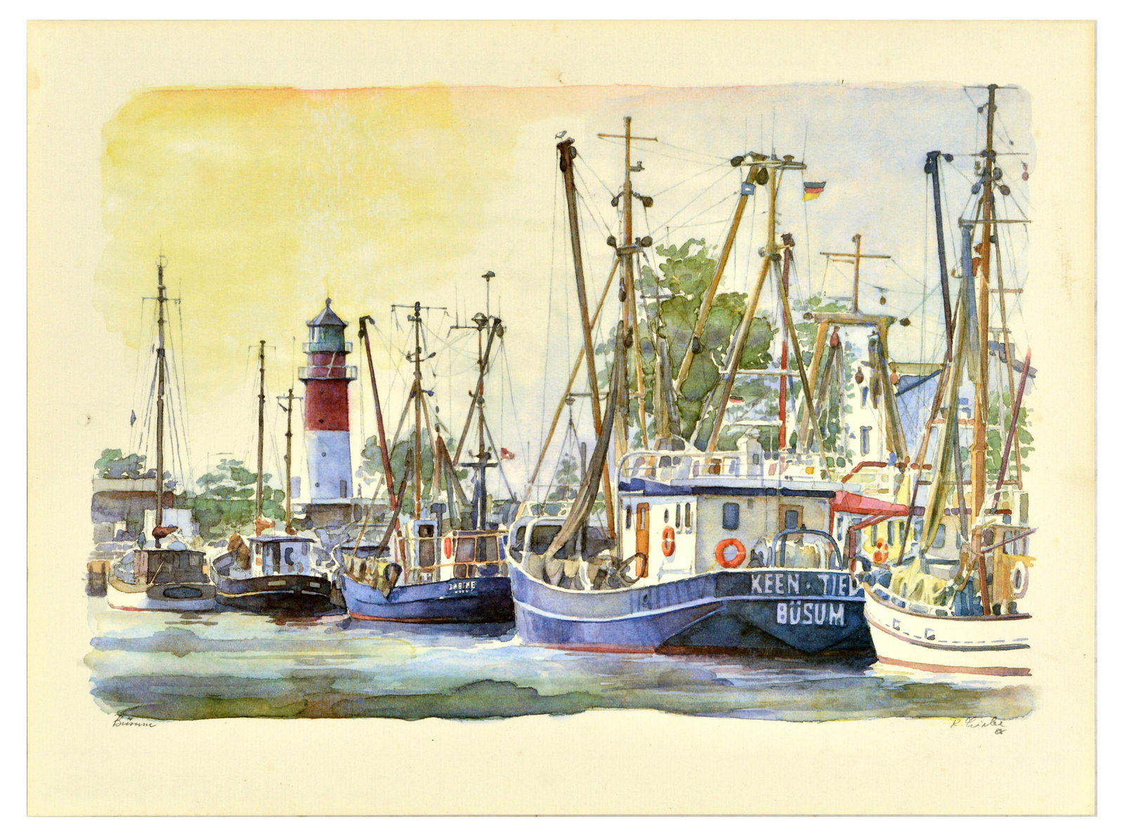 Travel Poster Busum Port Town Germany Marina Boat: Original vintage print of a watercolour painting captures a serene, atmospheric scene in the harbour of Busum, featuring several traditional shrimp cutters, Fischkutter, docked closely together, with