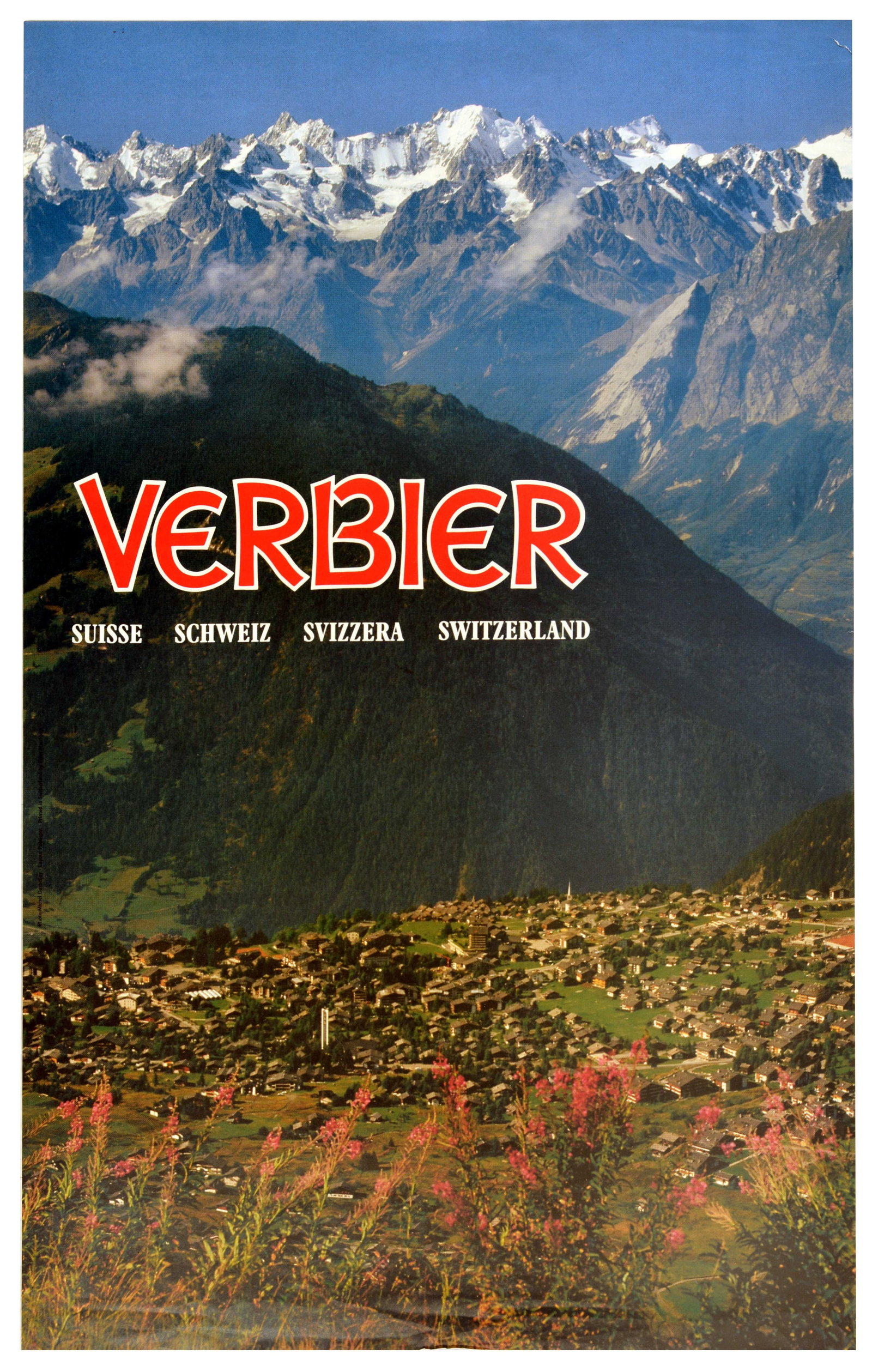 Travel Poster Verbier Switzerland Alps Village Michel Darbellay: Original vintage travel poster promoting the picturesque alpine village of Verbier in the Valais region of Switzerland / Suisse / Svizzera - Design features a photograph by Michel Darbellay (1934?2014