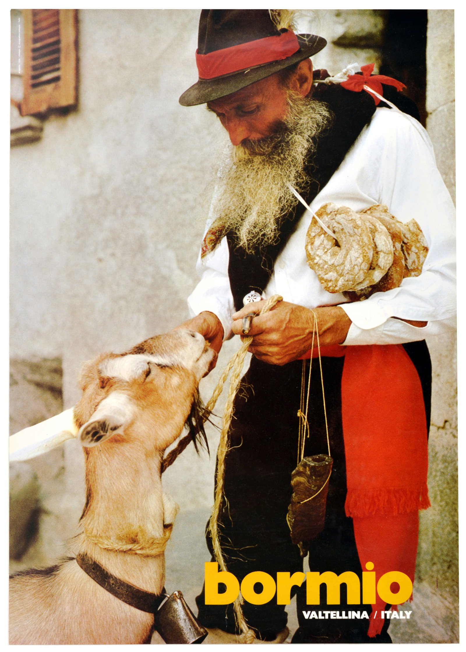 Travel Poster Bormio Valtellina Italy: Original vintage travel poster for Bormio - the historic alpine town located in the heart of the Valtellina valley in Lombardy, Northern Italy - Design features an elderly bearded man in traditional m