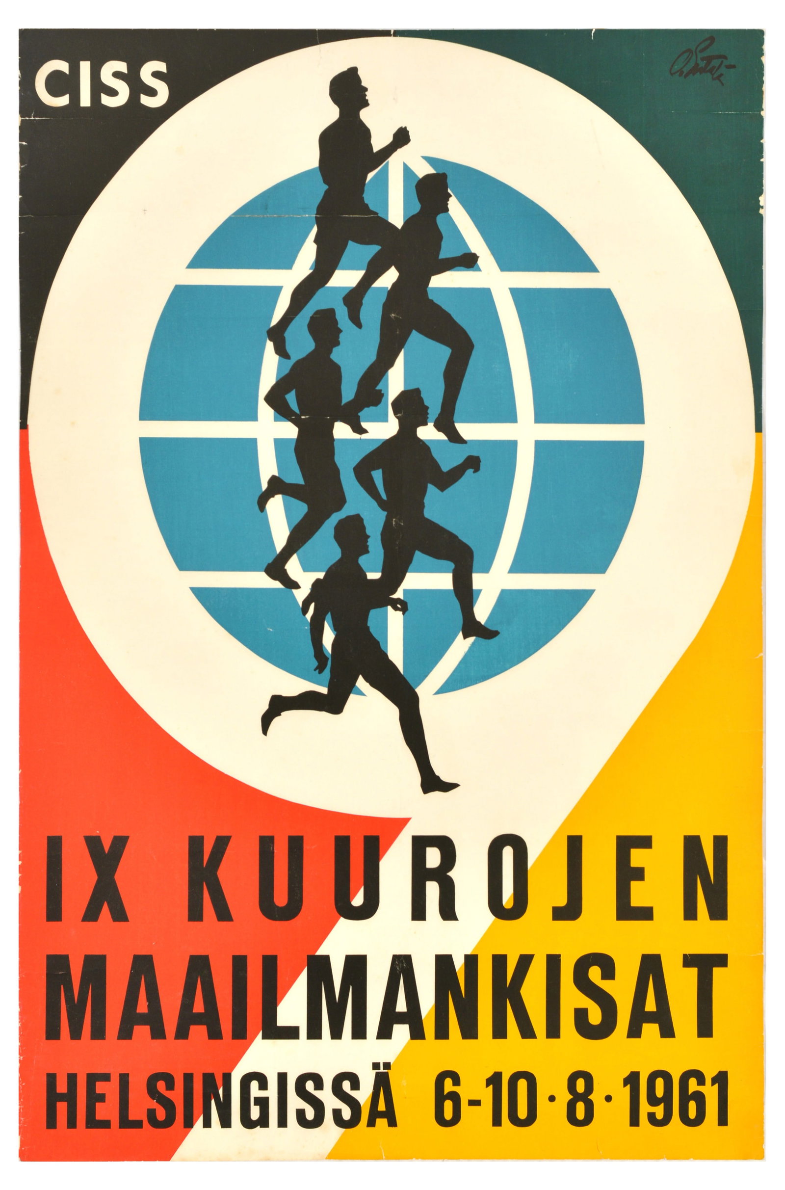 Sport Poster IX International Silent Games Helsinki Deaflympics: Original vintage sport poster for the IX International Silent Games / IX Kuurojen Maailmankisat Helsingiss? held in Helsinki in Finland from 6-10 August 1961 - Mid-century design features a stylized b