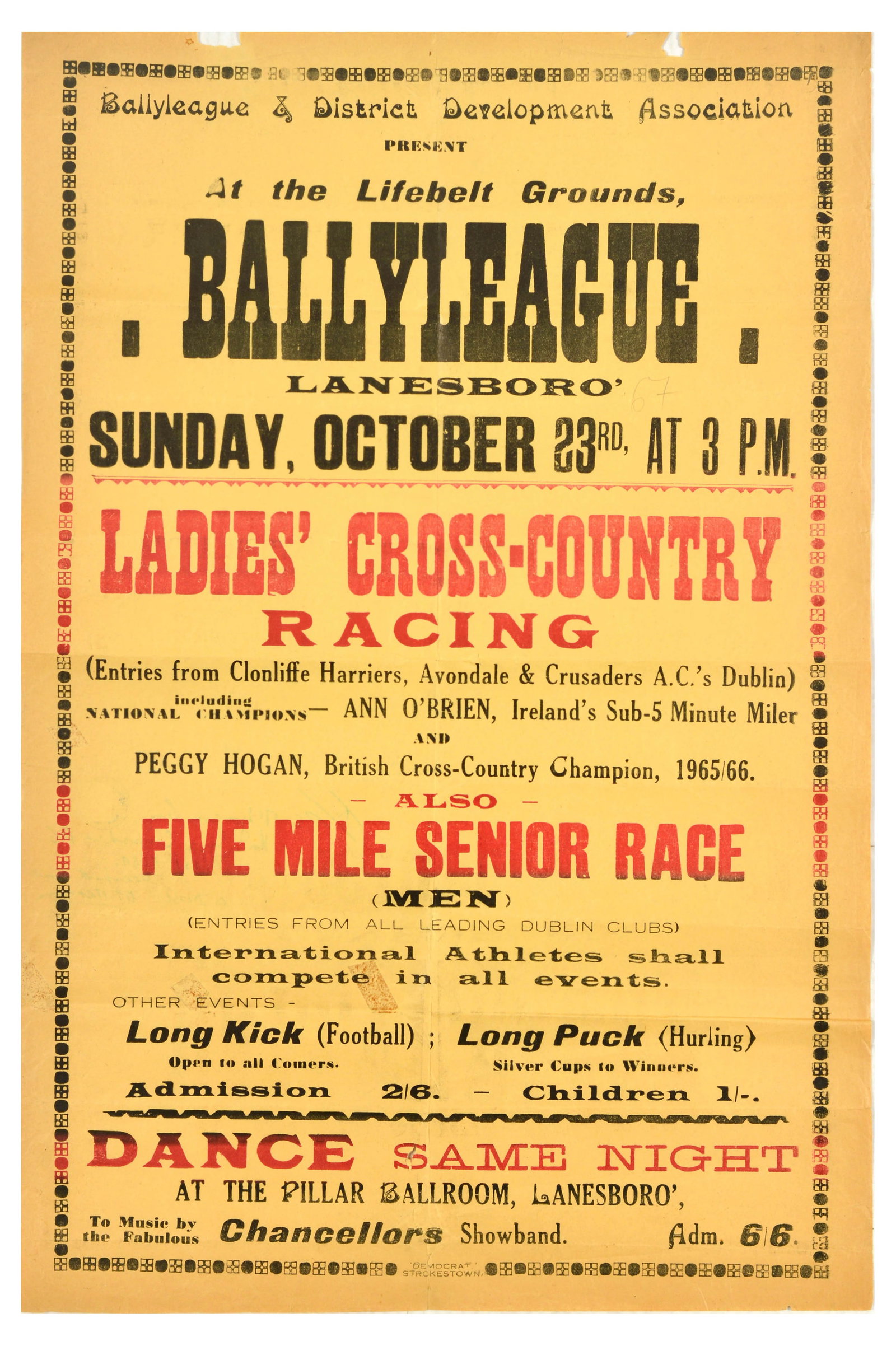 Sport Poster Ballyleague Lanesboro Ireland Cross Country Racing: Original vintage poster for a multifaceted sporting and social event held on 23 October 1966, in the twin towns of Ballyleague and Lanesboro, Ireland. Organised by the Ballyleague & District Developme
