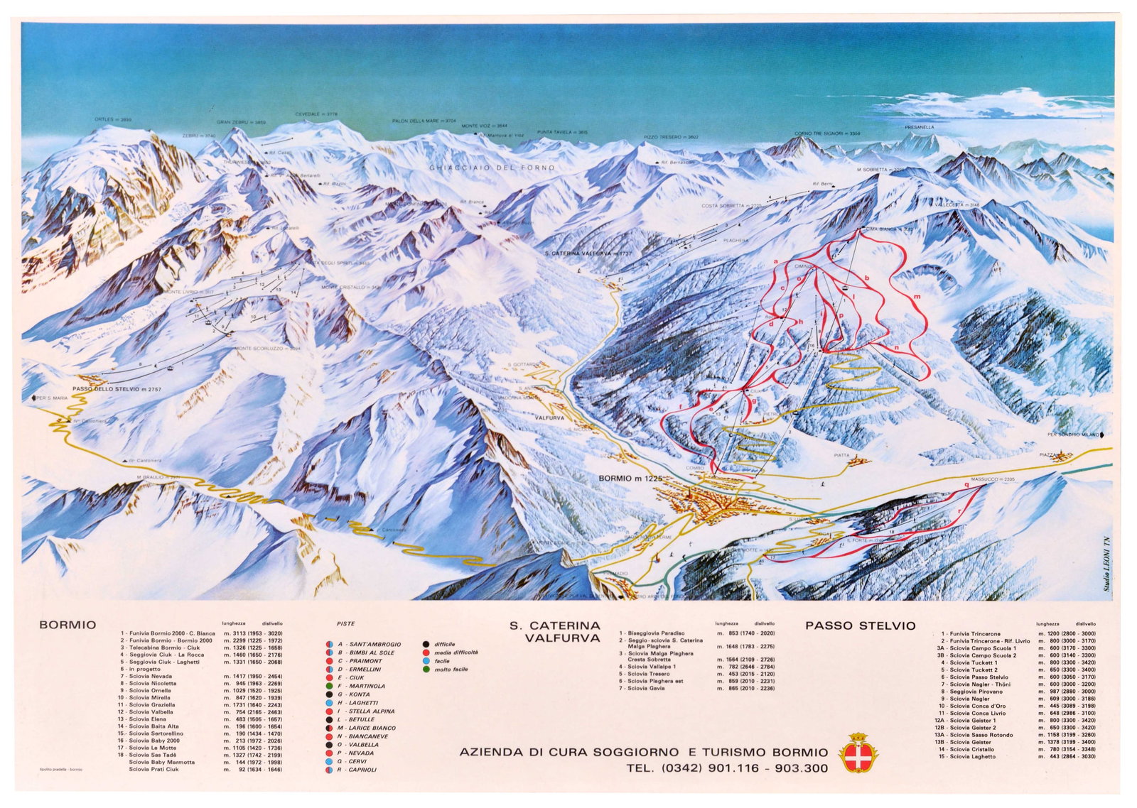 Sport Poster Ski Route Alps Italy Bormio Lombardy Valtellina Stelvio Map Mountains: Original vintage panoramic ski map features the Alpine regions of Bormio, S. Caterina Valfurva and Passo Stelvio in Lombardy Northern Italy issued by the Bormio Health and Tourism Company / Azienda di