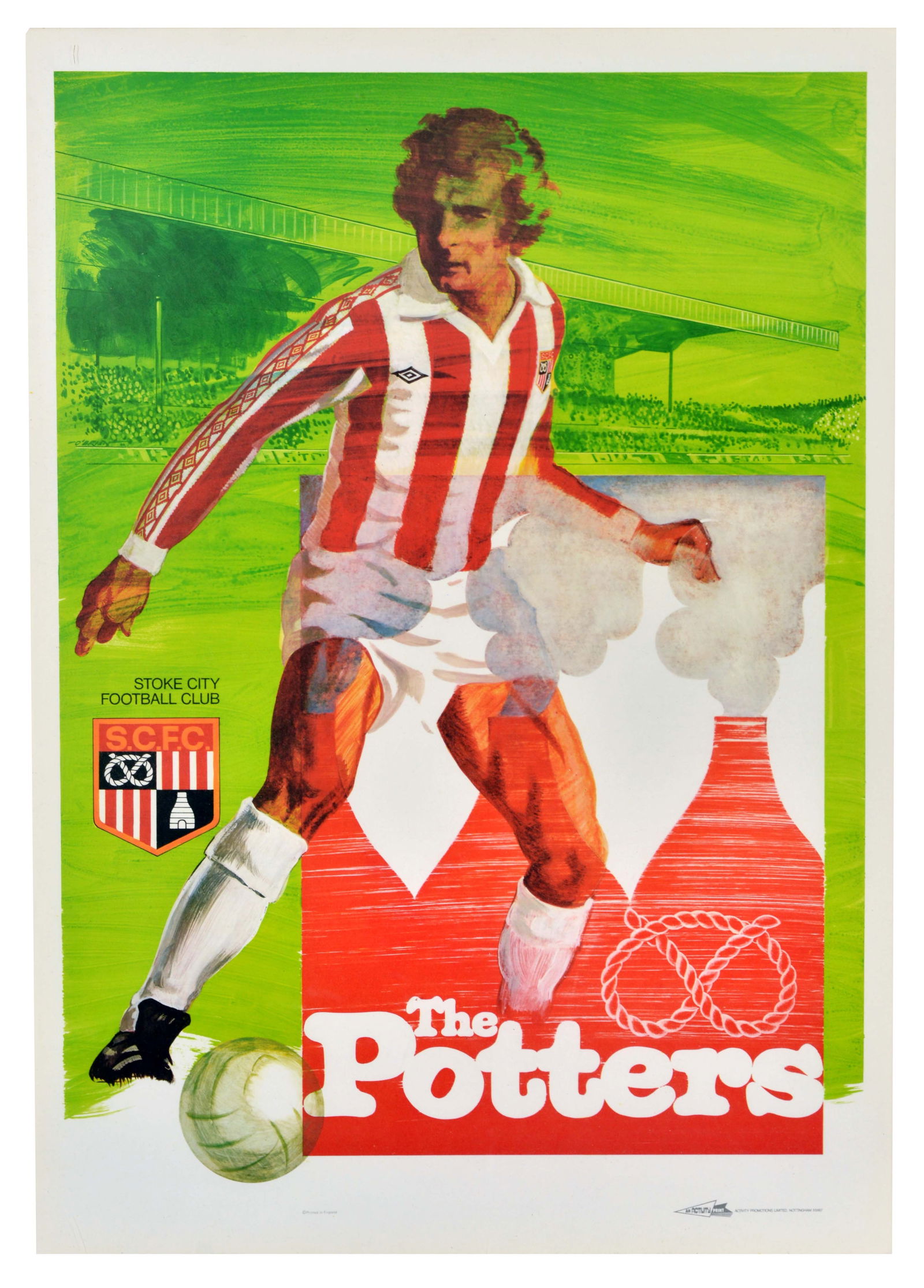Sport Poster The Potters Stoke City Football Club: Original vintage sport poster for The Potters Stoke City Football Club featuring a dynamic image of a football player in a red and white striped uniform set over a green stadium with pottery kilns in