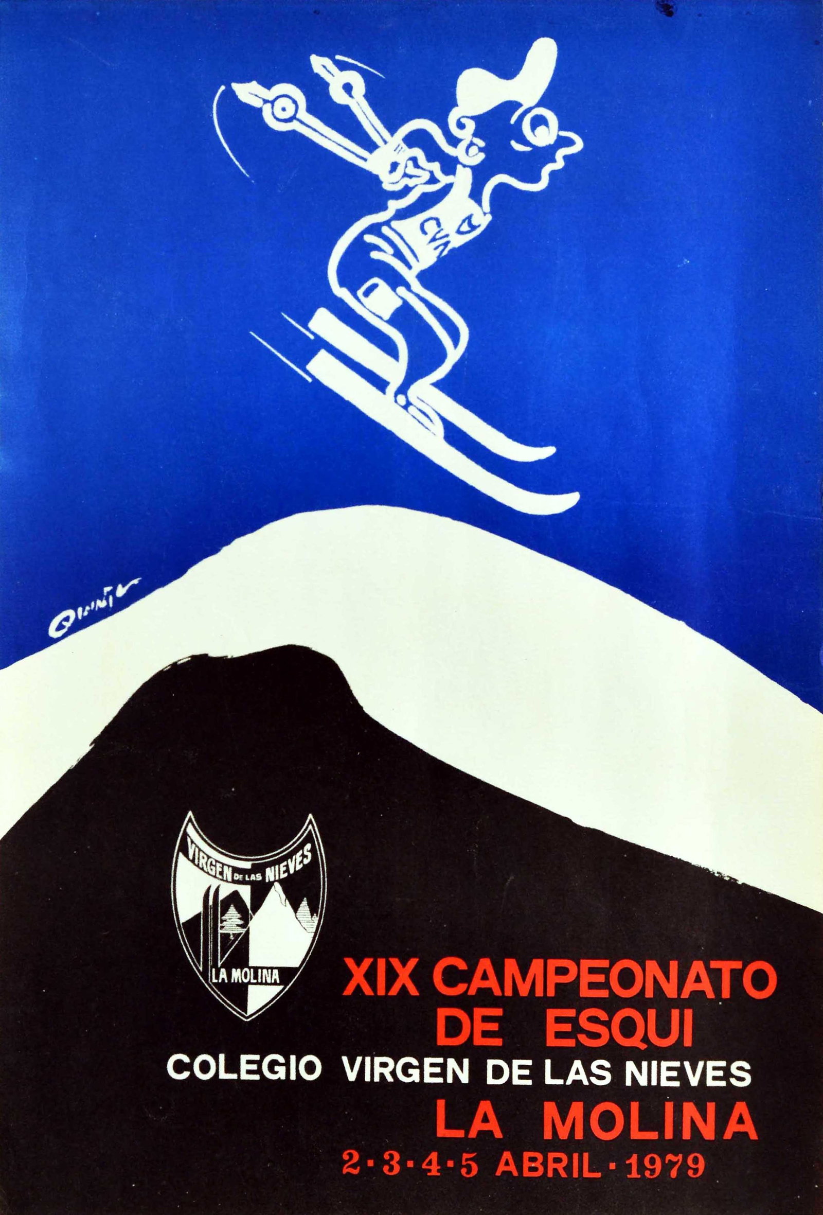 Sport Poster Ski Championship La Molina Spain Pyrenees: Original vintage skiing event poster for XIX Ski Championship held in La Molina 2-5 April 1979 / XIX Campeonato de esquí Colegio Virgen De Las Nieves - featuring a fun illustration of a cartoon style
