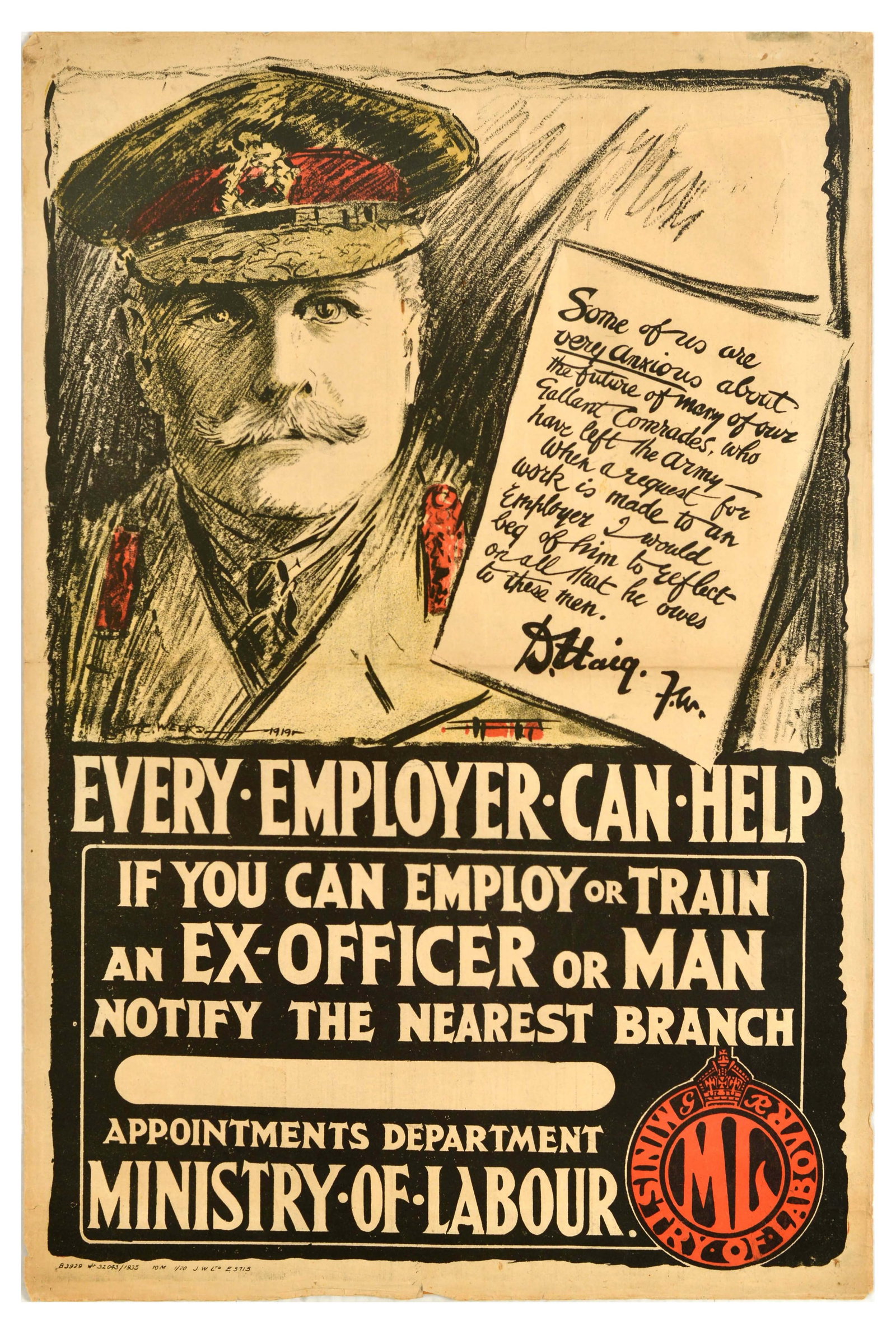 Propaganda Poster Ex Servicemen Employment WWI Douglas Haig: Original antique recruitment poster produced by the Ministry of Labour featuring a plea from Field Marshal Douglas Haig, urging employers to hire ex-servicemen after World War One - Every employer can